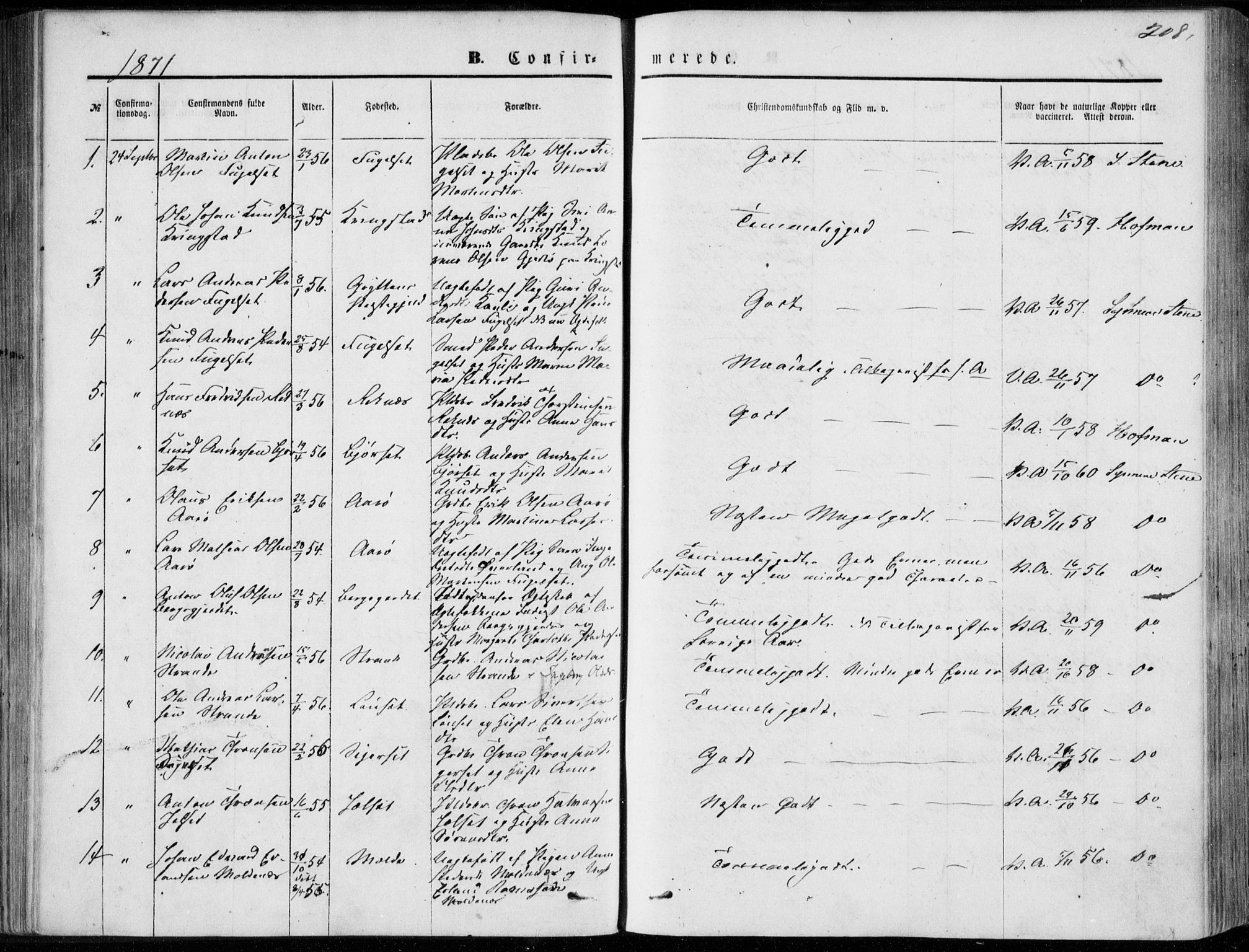 Ministerialprotokoller, klokkerbøker og fødselsregistre - Møre og Romsdal, SAT/A-1454/555/L0655: Parish register (official) no. 555A05, 1869-1886, p. 208