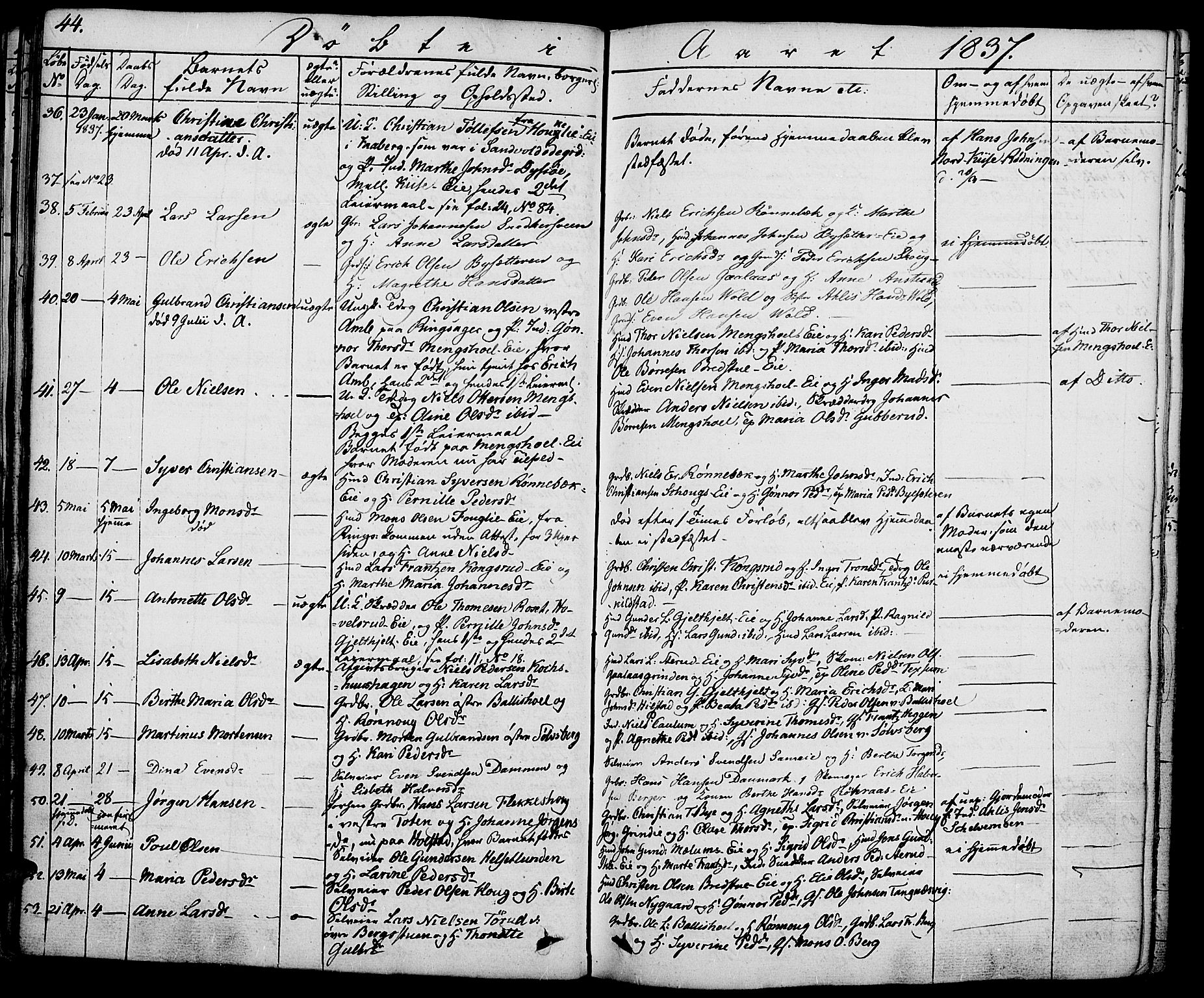 Nes prestekontor, Hedmark, AV/SAH-PREST-020/K/Ka/L0003: Parish register (official) no. 3, 1827-1851, p. 44