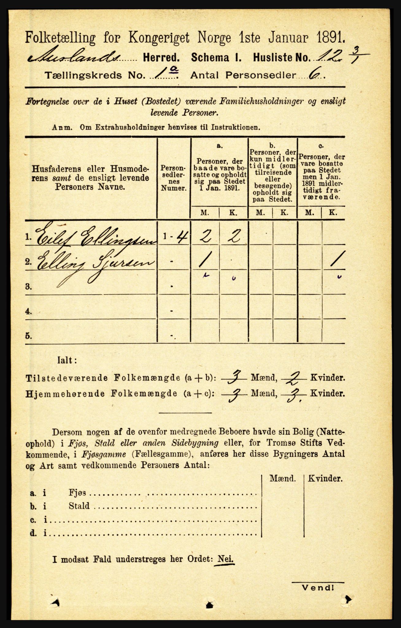 RA, 1891 census for 1421 Aurland, 1891, p. 31