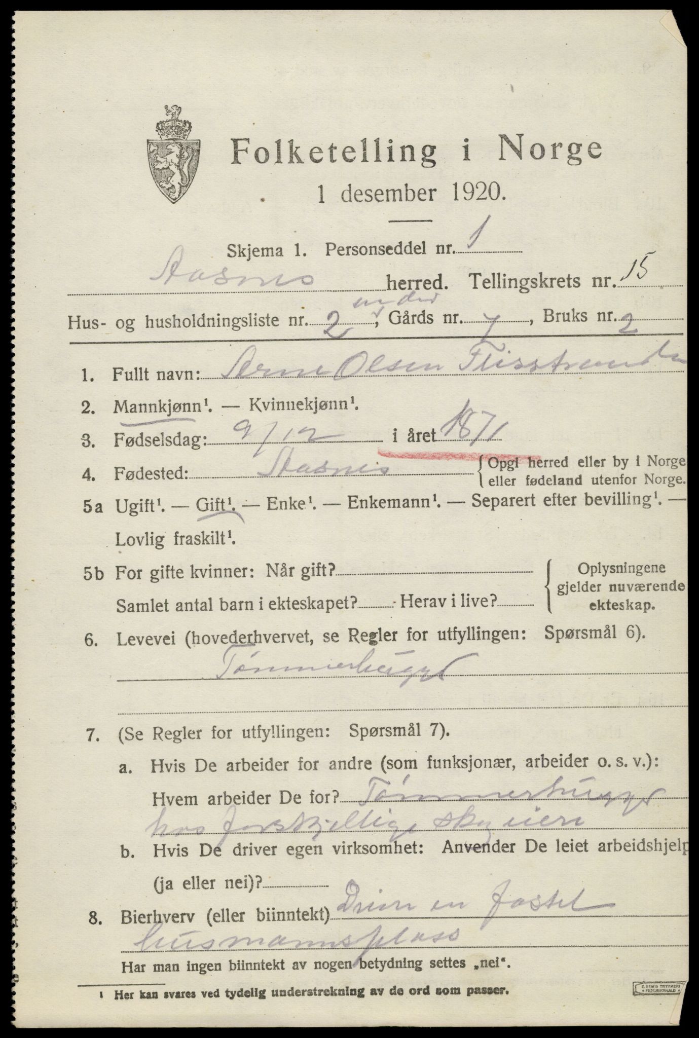 SAH, 1920 census for Åsnes, 1920, p. 14044