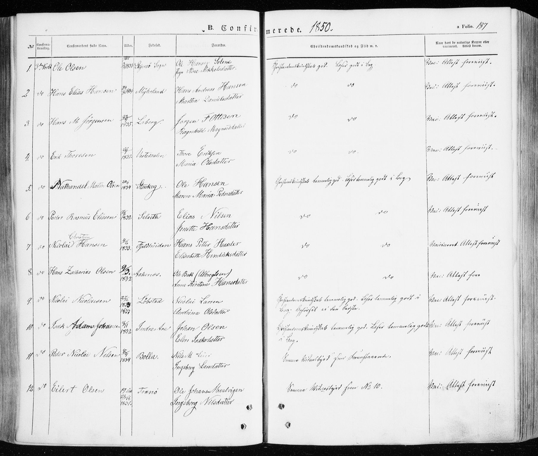 Ibestad sokneprestembete, SATØ/S-0077/H/Ha/Haa/L0008kirke: Parish register (official) no. 8, 1850-1859, p. 187