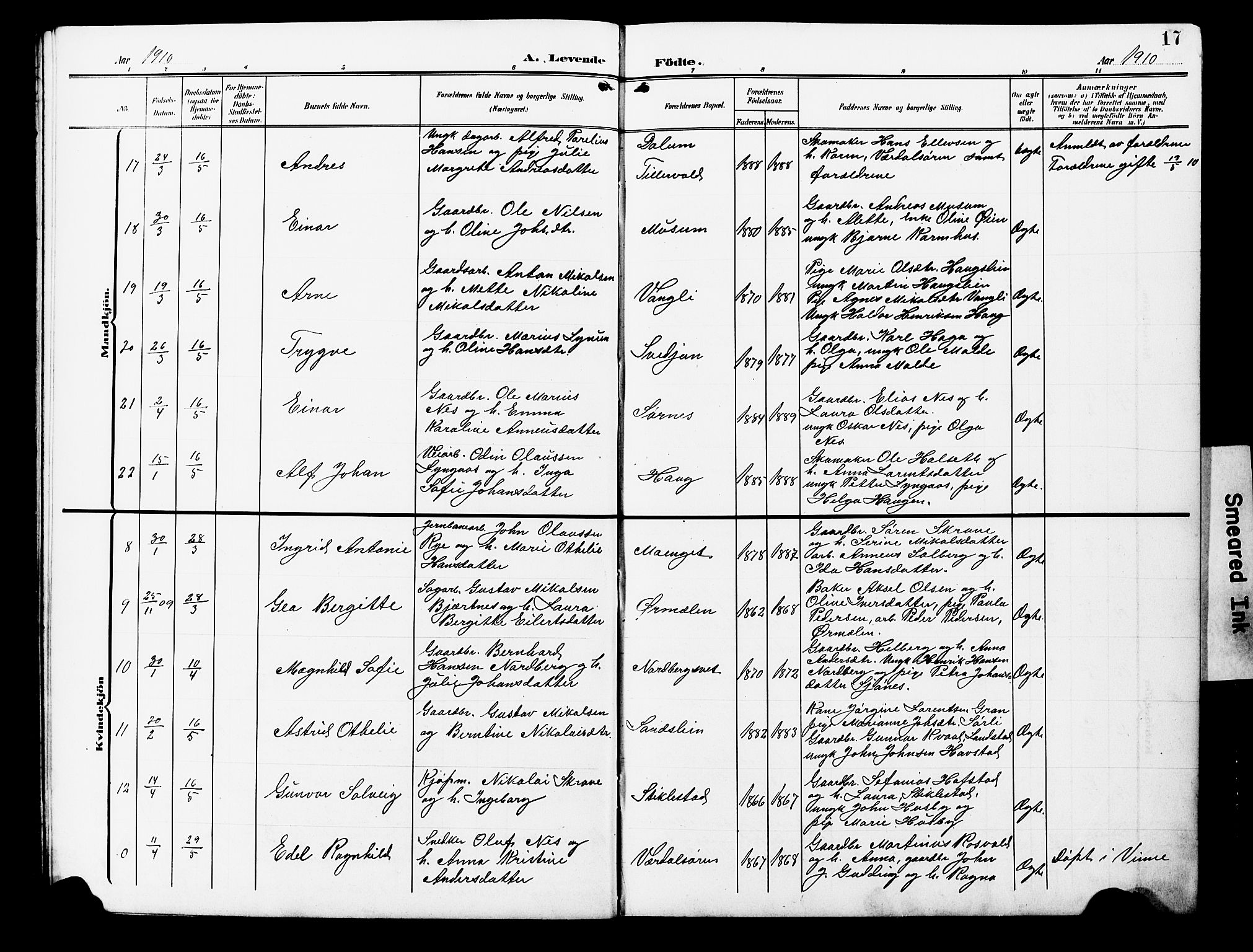 Ministerialprotokoller, klokkerbøker og fødselsregistre - Nord-Trøndelag, AV/SAT-A-1458/723/L0258: Parish register (copy) no. 723C06, 1908-1927, p. 17