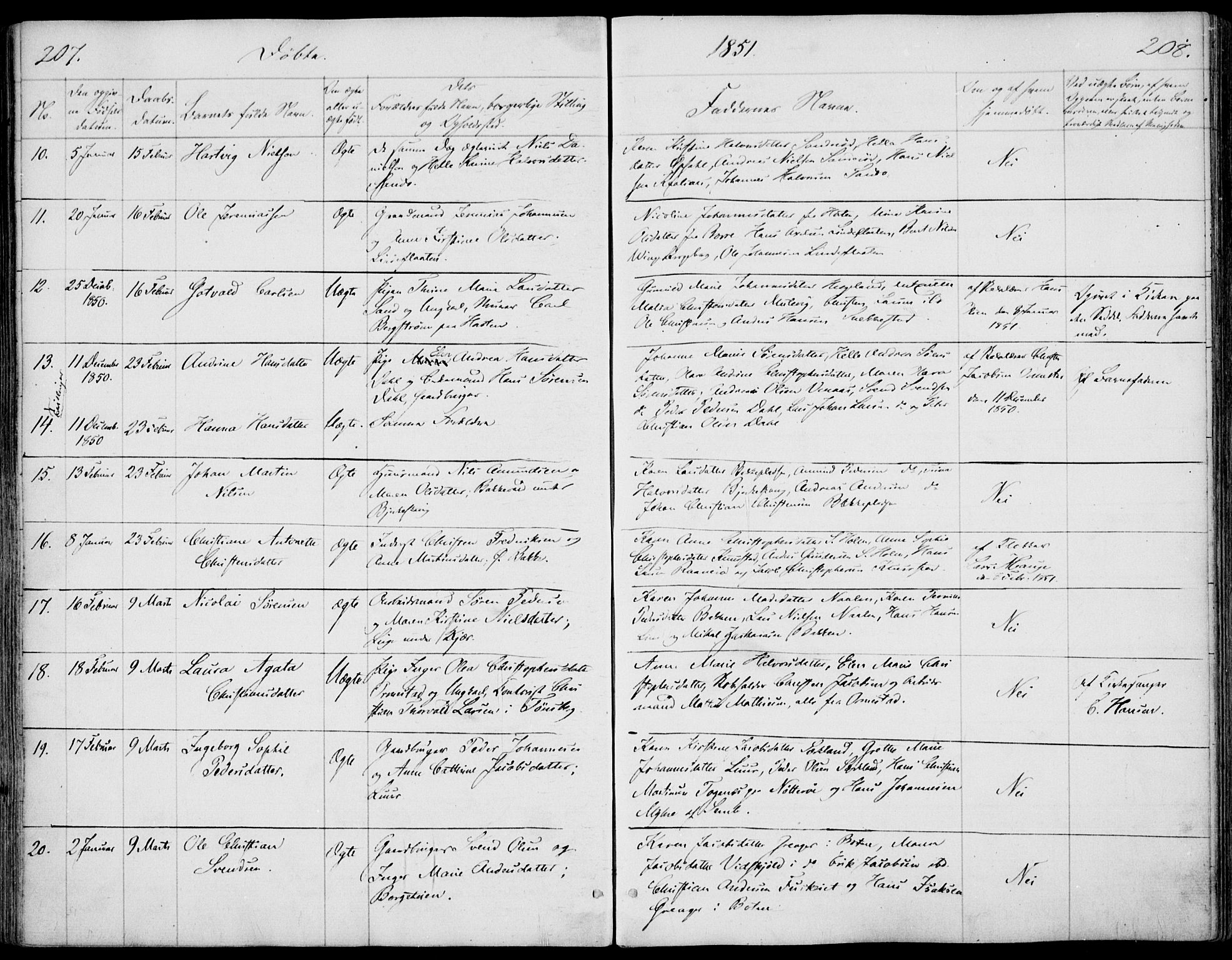 Våle kirkebøker, AV/SAKO-A-334/F/Fa/L0009a: Parish register (official) no. I 9A, 1839-1860, p. 207-208