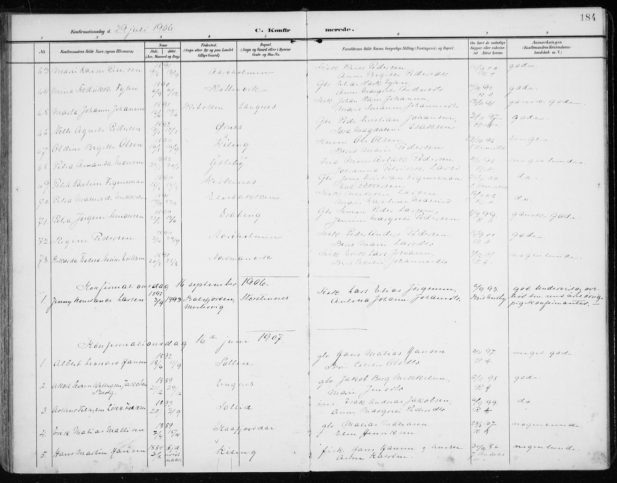 Lyngen sokneprestembete, SATØ/S-1289/H/He/Hea/L0011kirke: Parish register (official) no. 11, 1903-1913, p. 184