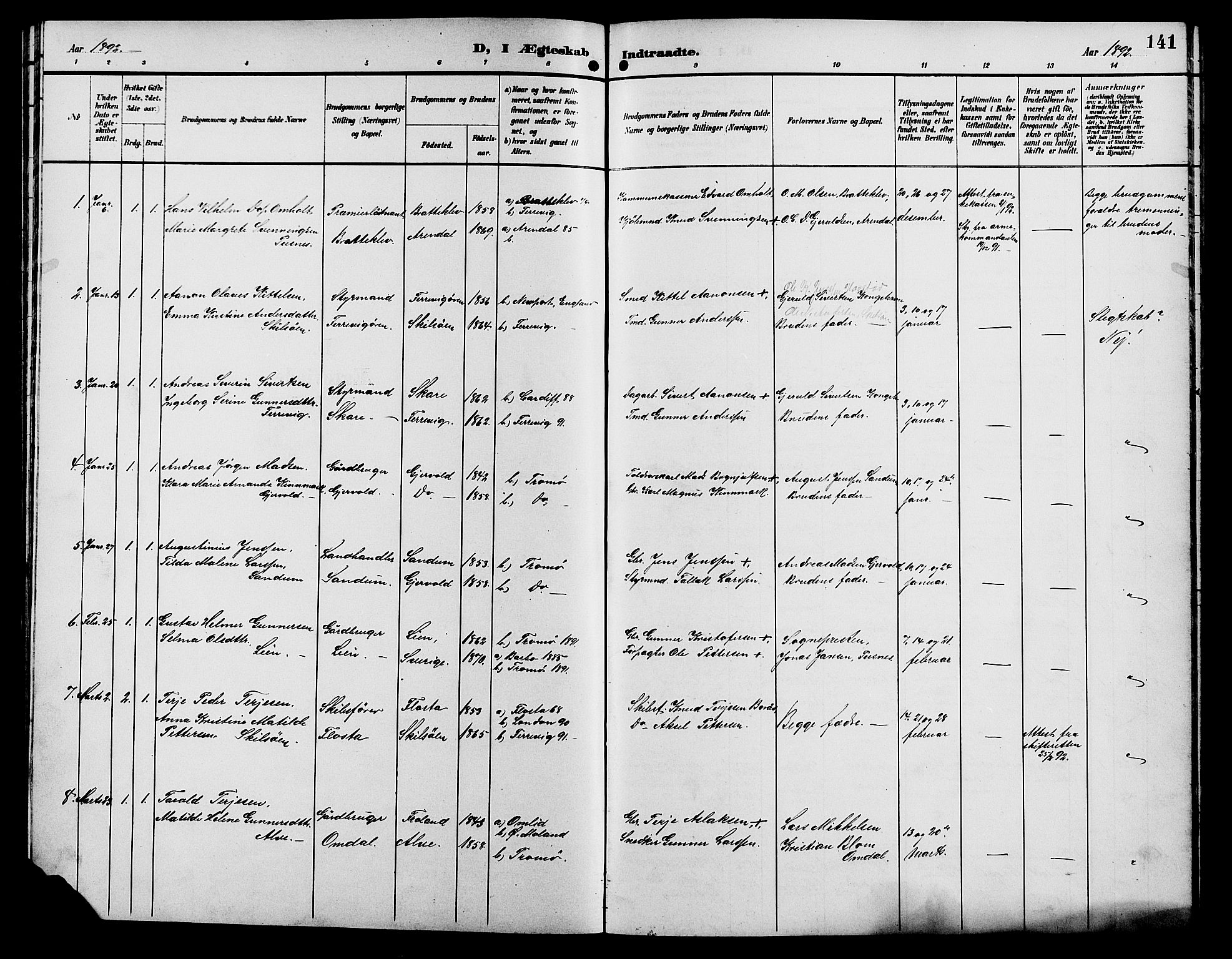 Tromøy sokneprestkontor, AV/SAK-1111-0041/F/Fb/L0006: Parish register (copy) no. B 6, 1892-1907, p. 141