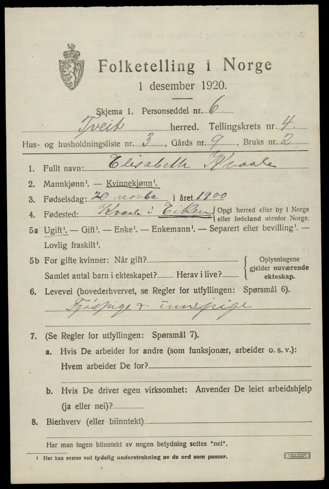 SAK, 1920 census for Tveit, 1920, p. 2010