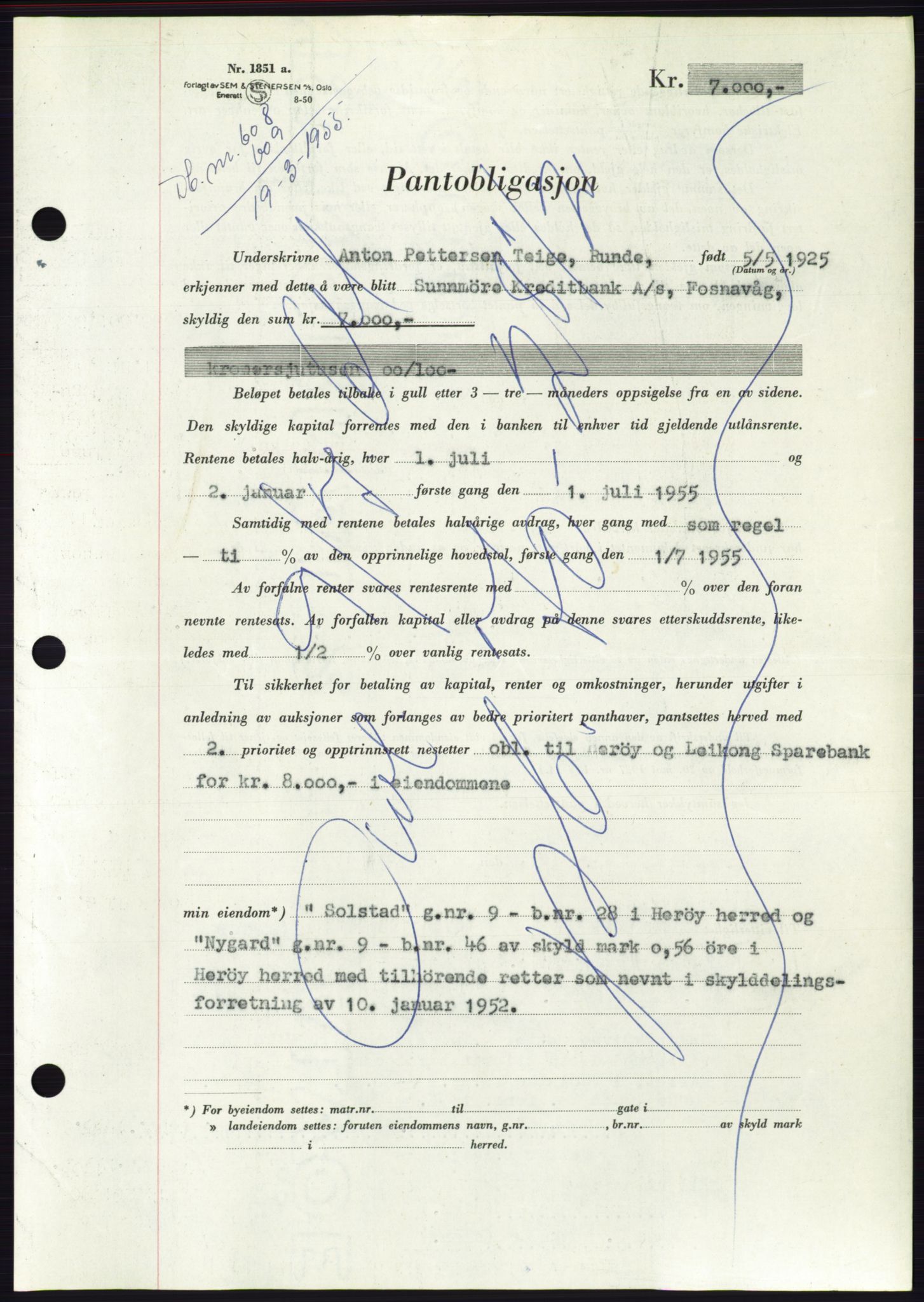 Søre Sunnmøre sorenskriveri, AV/SAT-A-4122/1/2/2C/L0126: Mortgage book no. 14B, 1954-1955, Diary no: : 608/1955