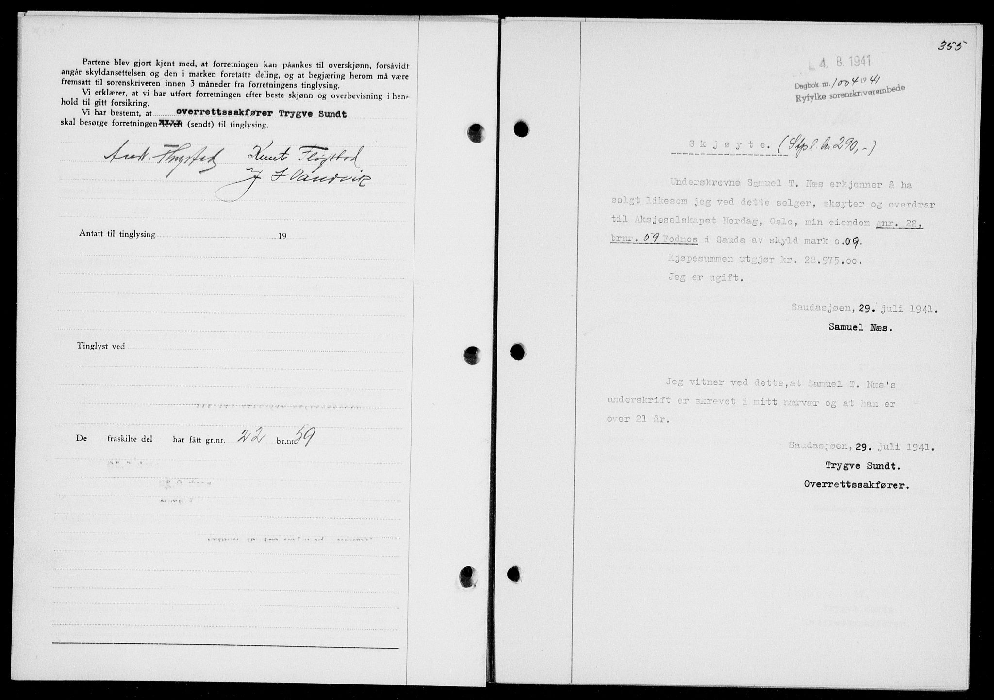 Ryfylke tingrett, AV/SAST-A-100055/001/II/IIB/L0085: Mortgage book no. 64, 1941-1941, Diary no: : 1004/1941