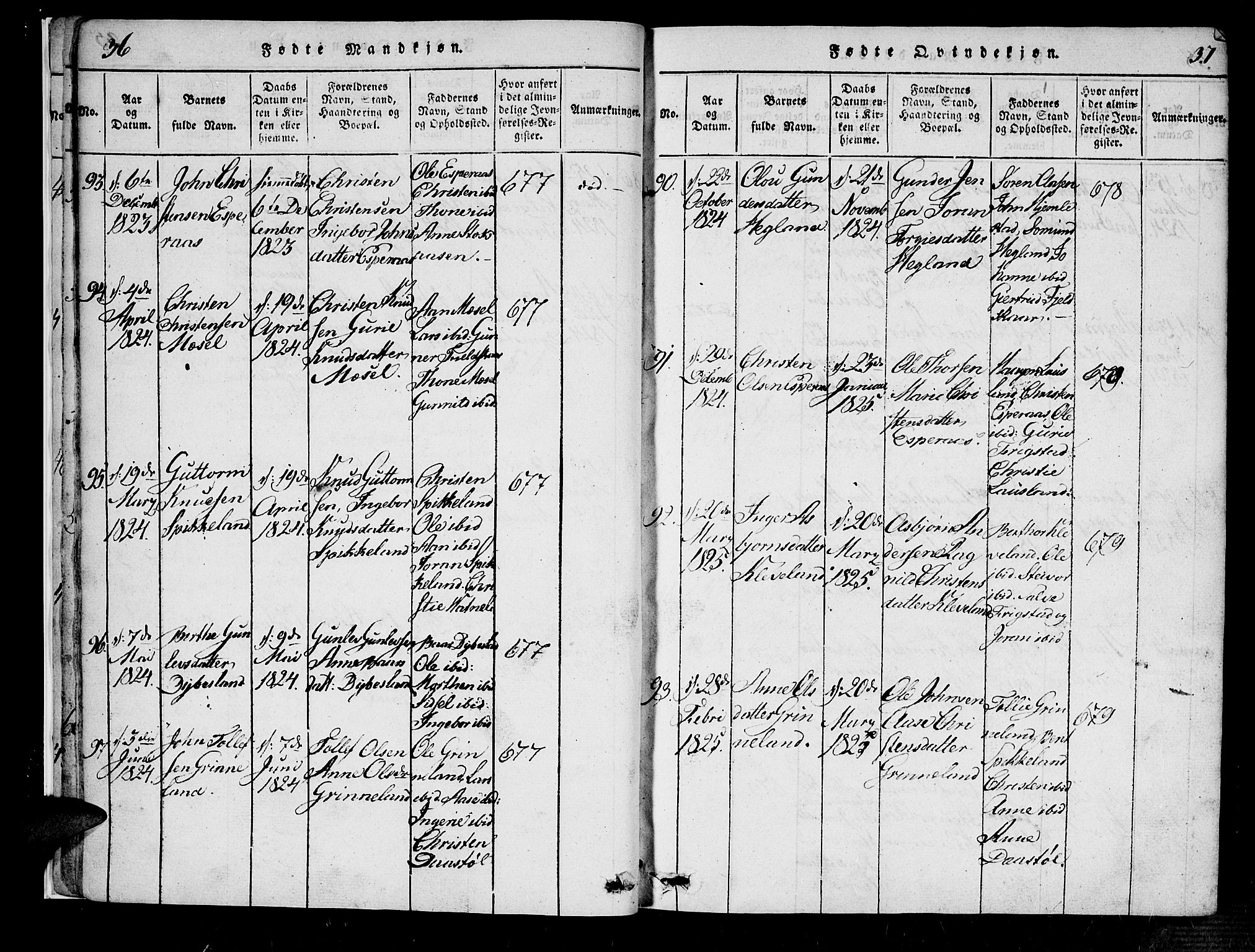 Bjelland sokneprestkontor, SAK/1111-0005/F/Fa/Fab/L0002: Parish register (official) no. A 2, 1816-1869, p. 36-37