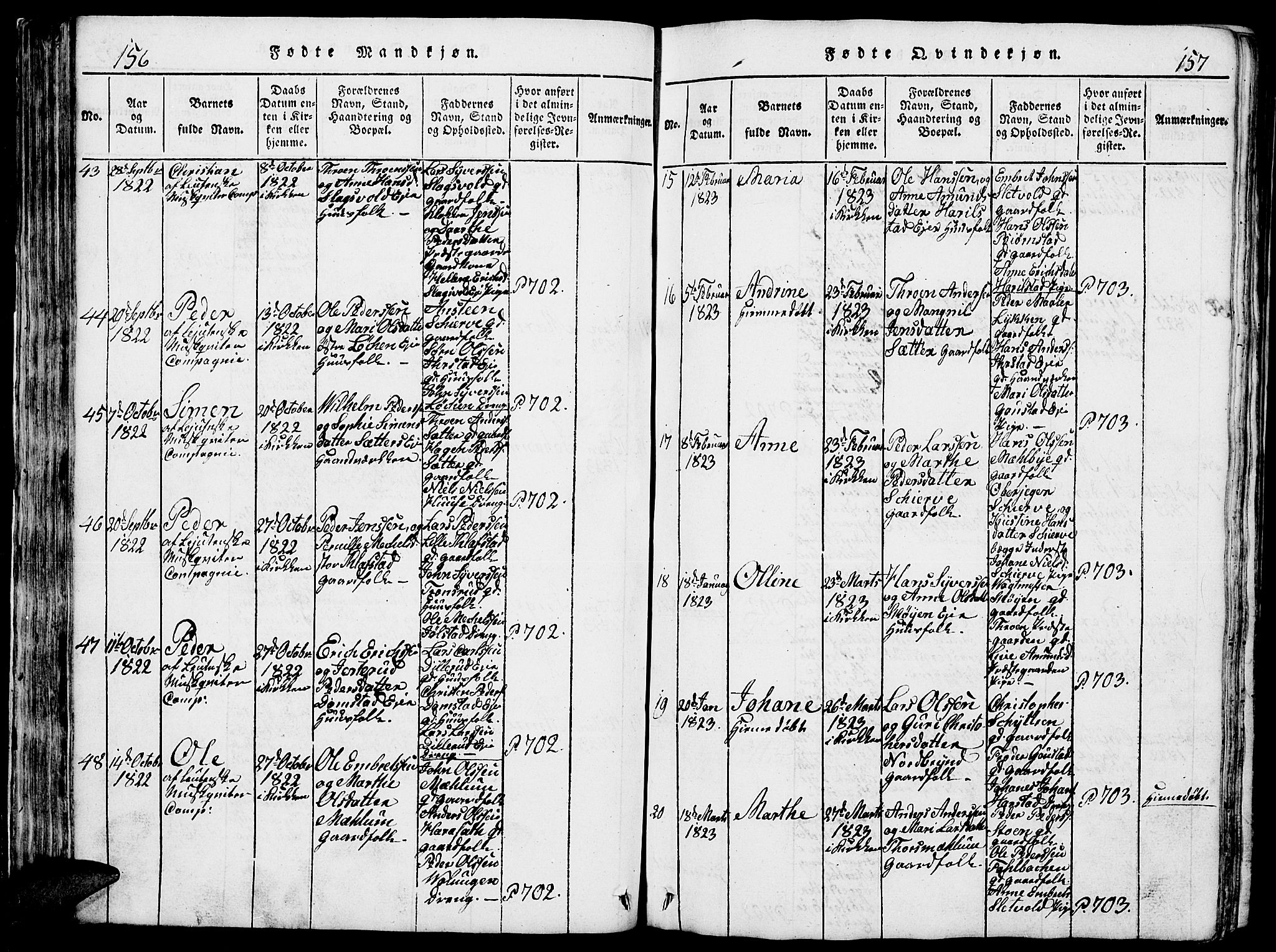 Romedal prestekontor, SAH/PREST-004/L/L0005: Parish register (copy) no. 5, 1814-1829, p. 156-157