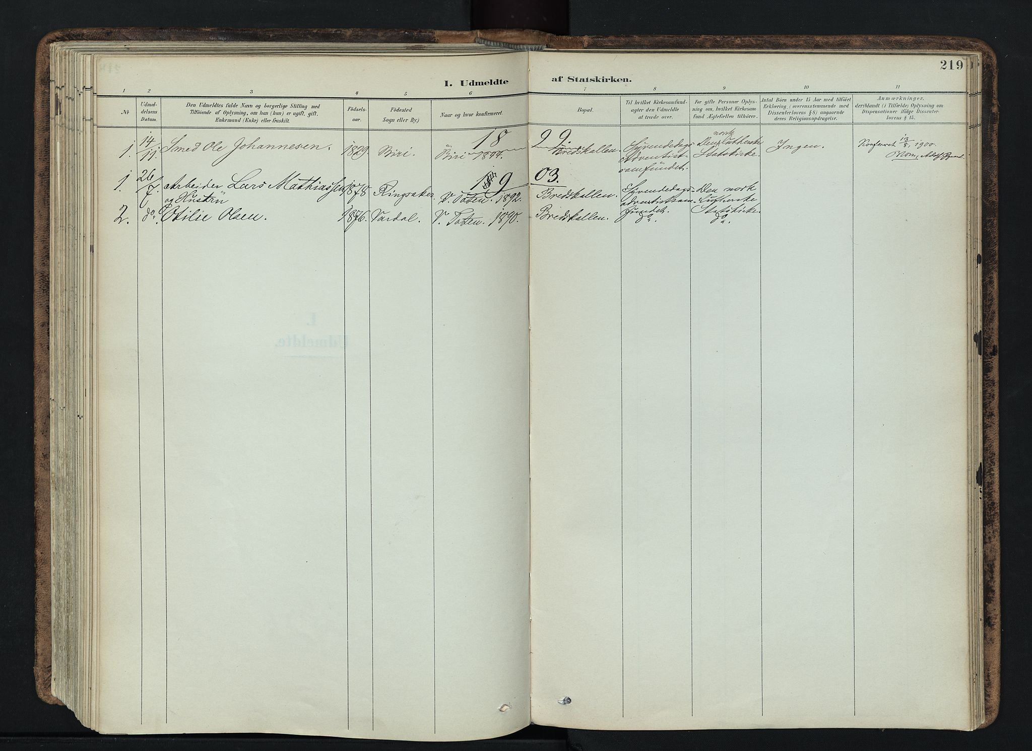 Vardal prestekontor, SAH/PREST-100/H/Ha/Haa/L0019: Parish register (official) no. 19, 1893-1907, p. 219