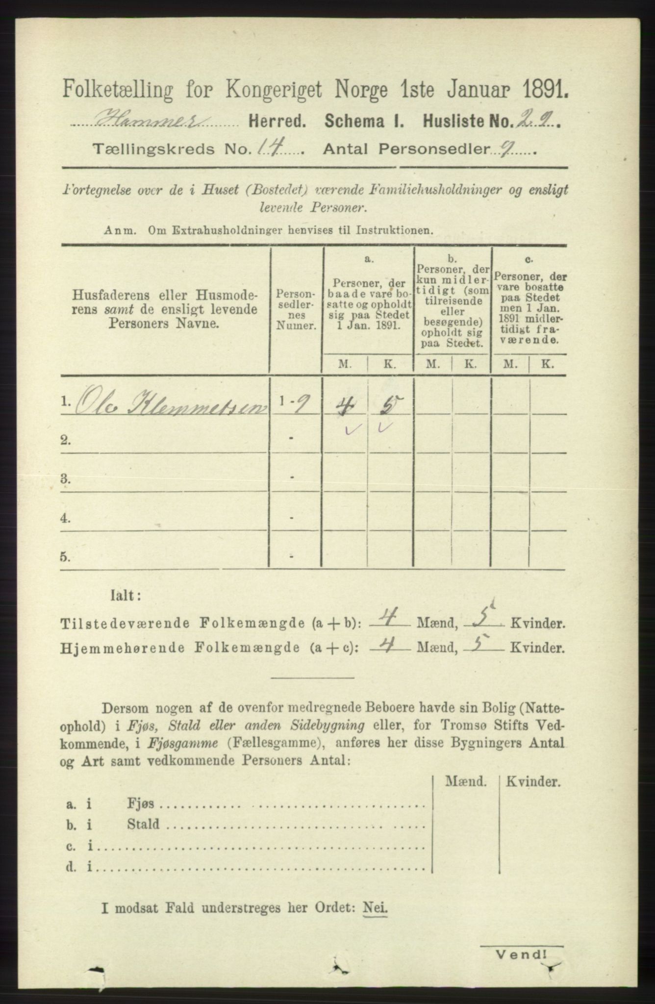 RA, 1891 census for 1254 Hamre, 1891, p. 4383