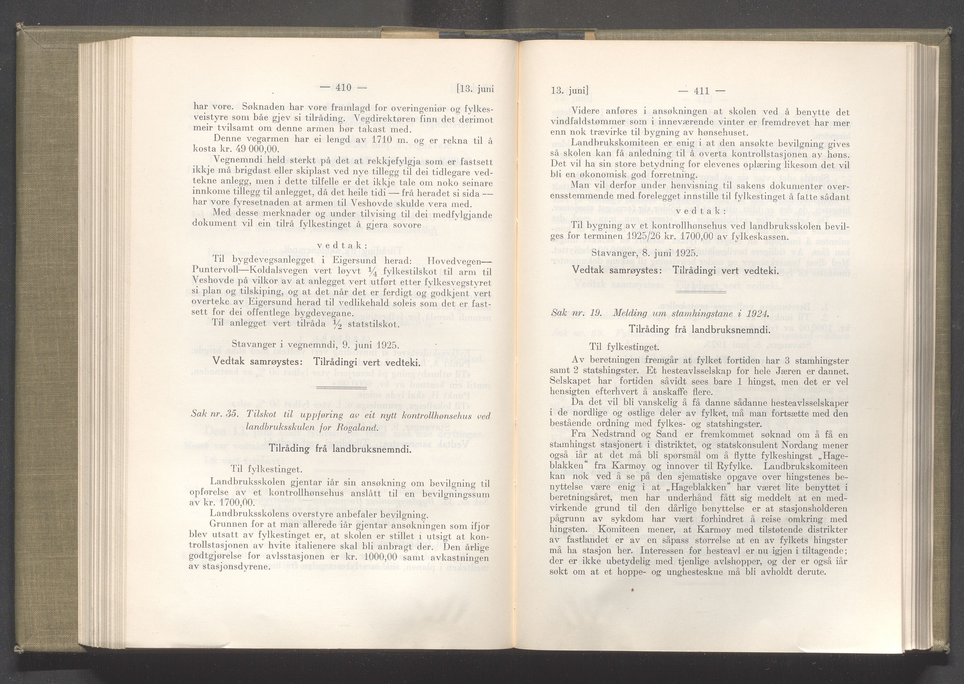 Rogaland fylkeskommune - Fylkesrådmannen , IKAR/A-900/A/Aa/Aaa/L0044: Møtebok , 1925, p. 410-411