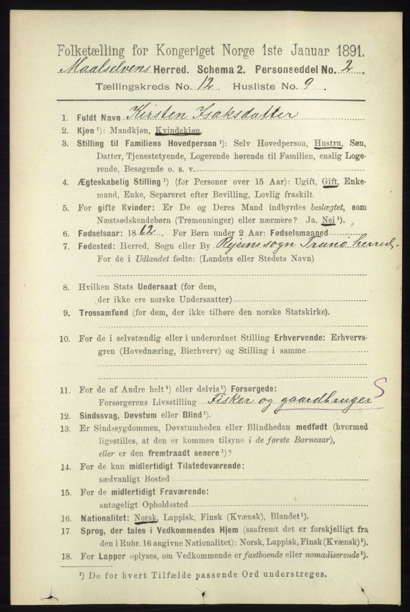 RA, 1891 census for 1924 Målselv, 1891, p. 3843