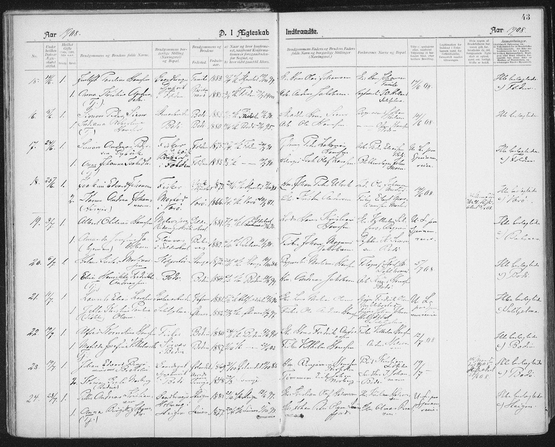 Ministerialprotokoller, klokkerbøker og fødselsregistre - Nordland, AV/SAT-A-1459/801/L0012: Parish register (official) no. 801A12, 1900-1916, p. 43