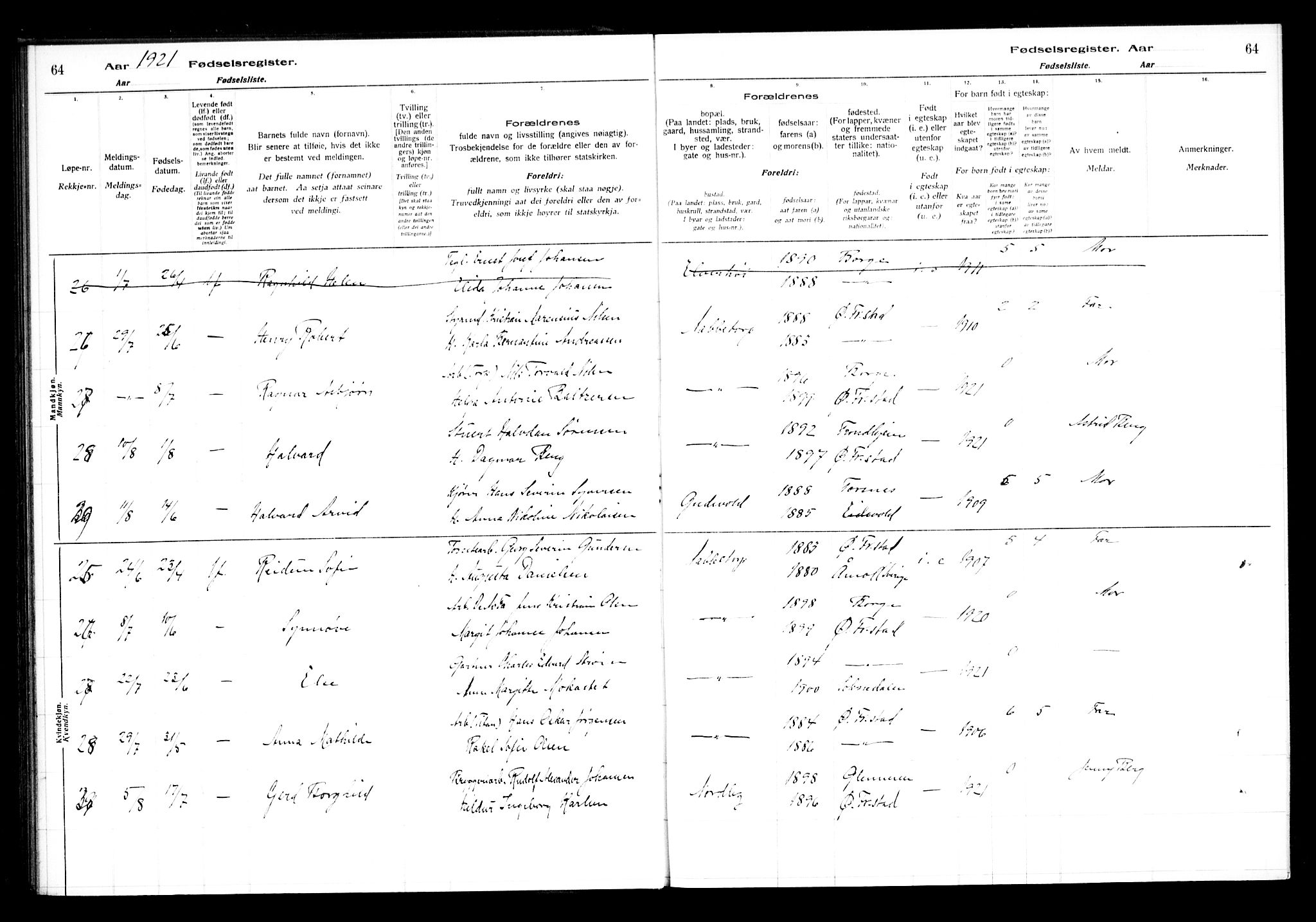 Østre Fredrikstad prestekontor Kirkebøker, AV/SAO-A-10907/J/Ja/L0001: Birth register no. 1, 1916-1936, p. 64