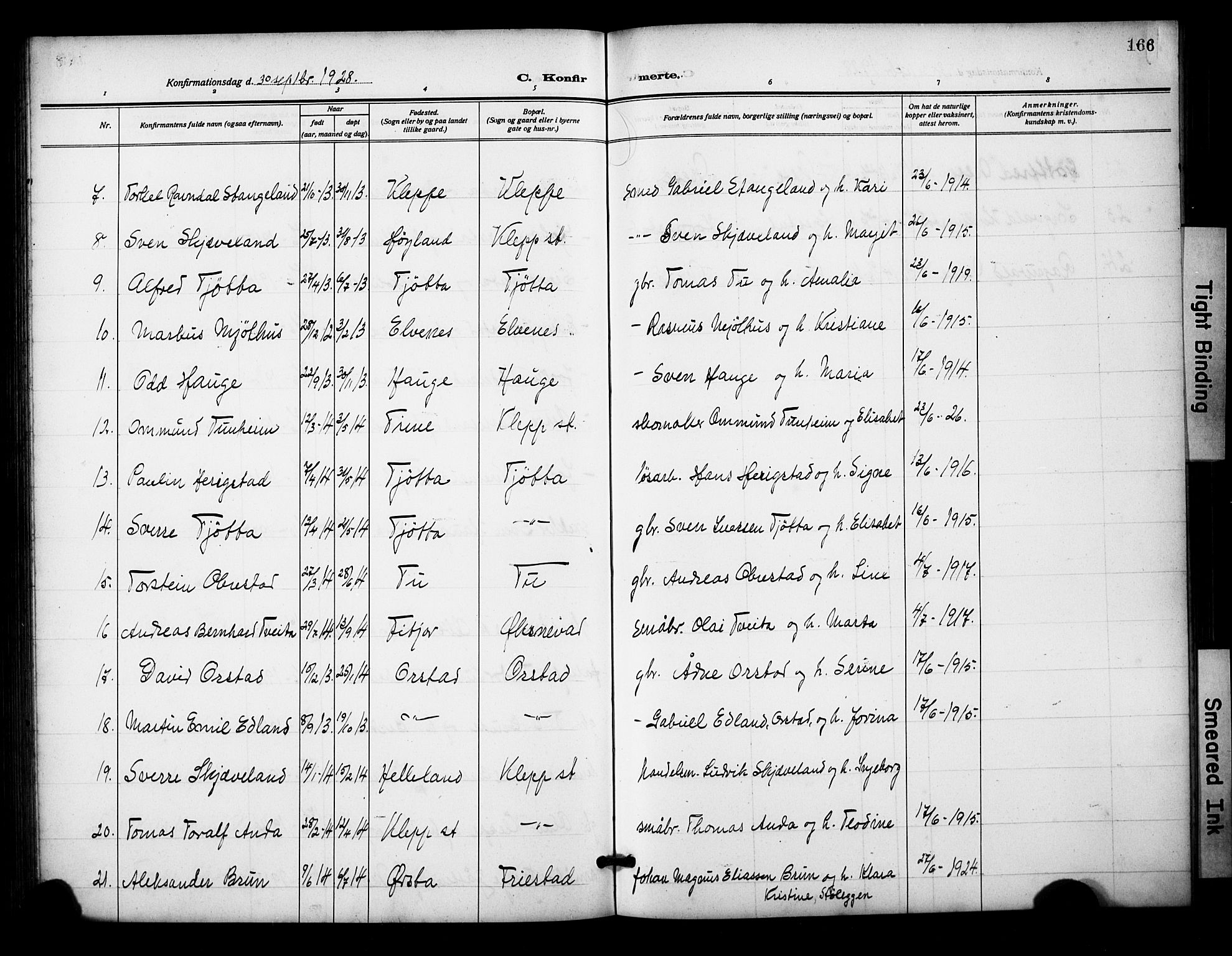 Klepp sokneprestkontor, AV/SAST-A-101803/001/3/30BB/L0007: Parish register (copy) no. B 7, 1908-1934, p. 166