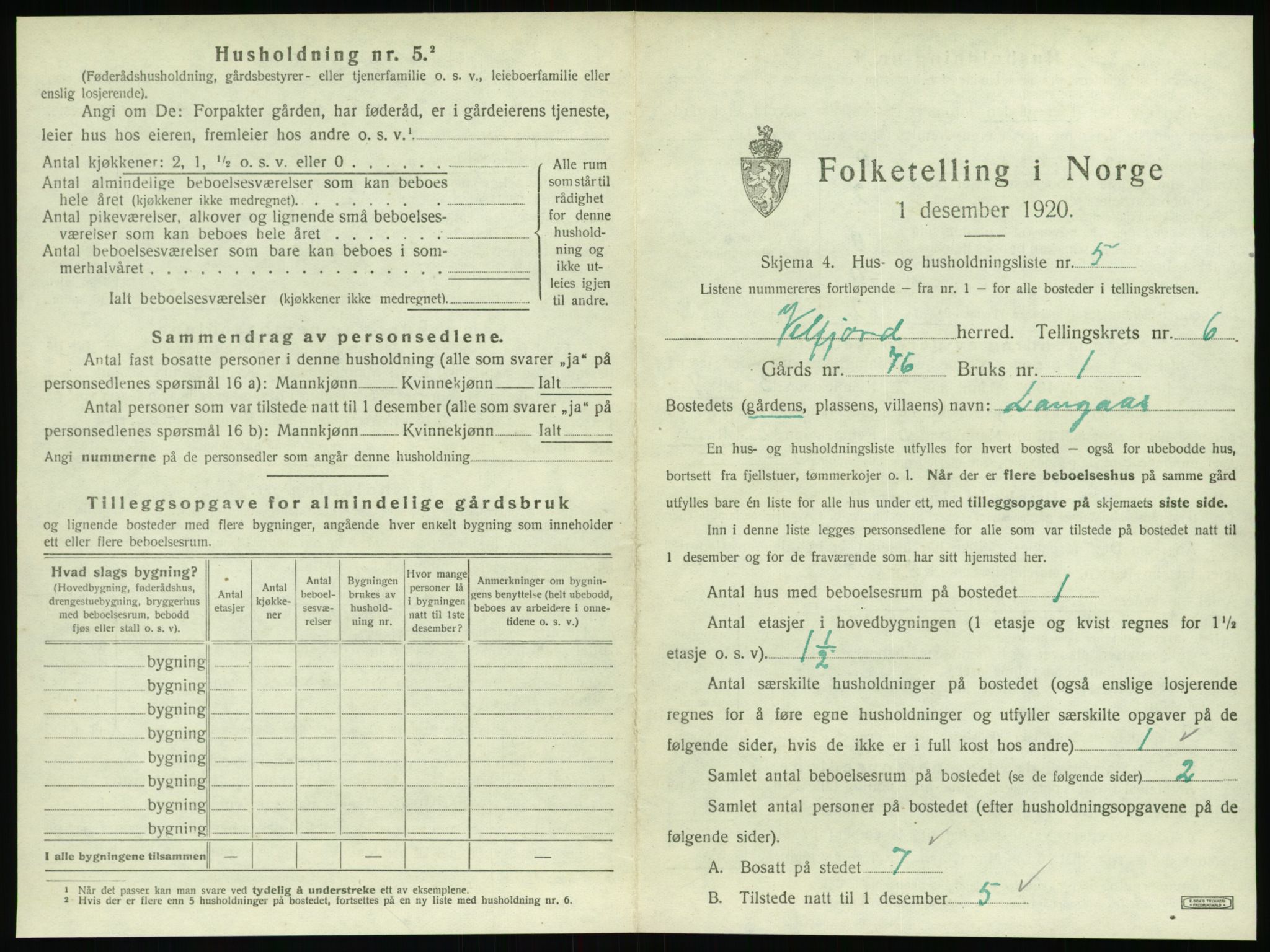 SAT, 1920 census for Velfjord, 1920, p. 535