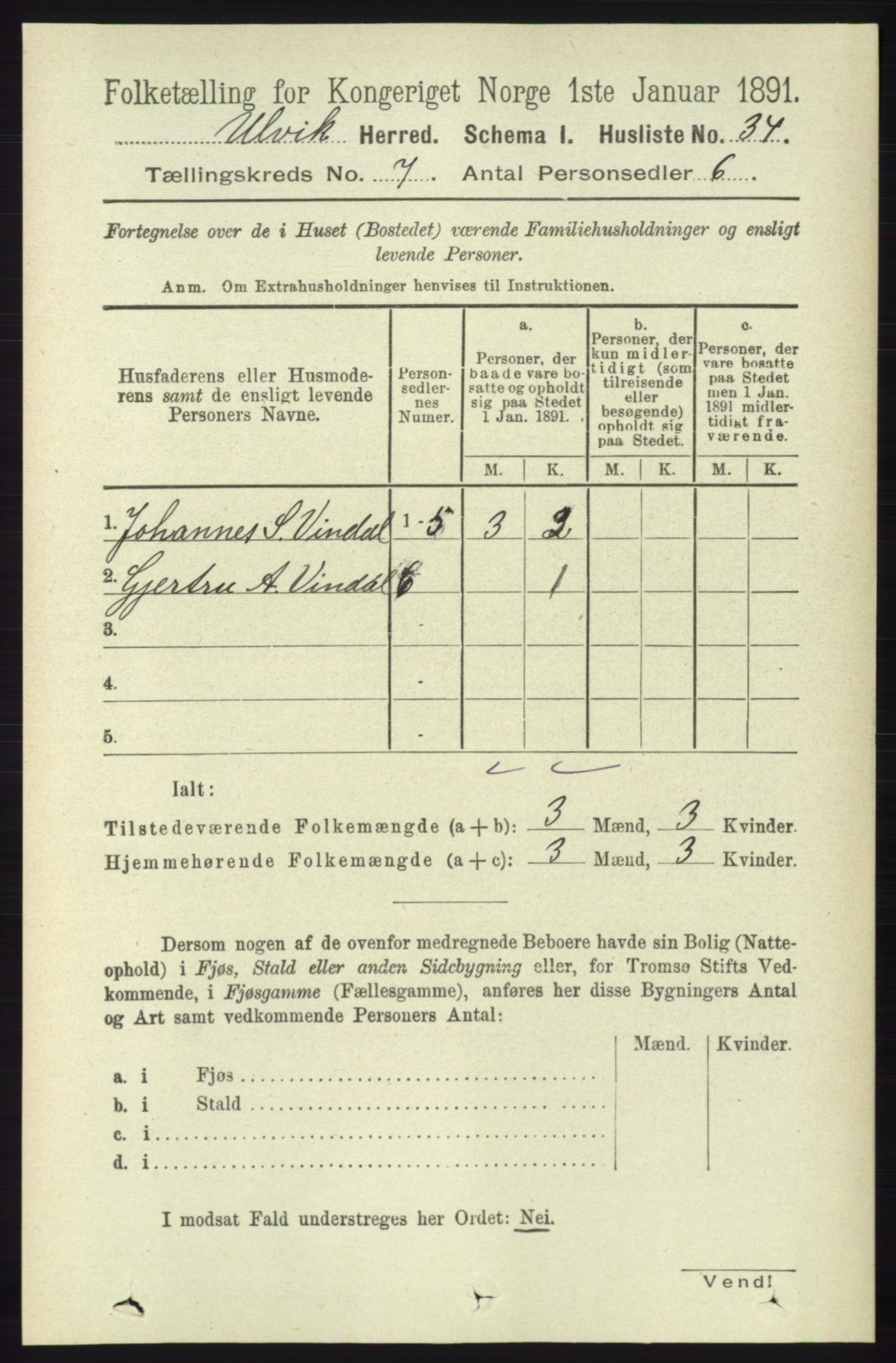 RA, 1891 census for 1233 Ulvik, 1891, p. 2258