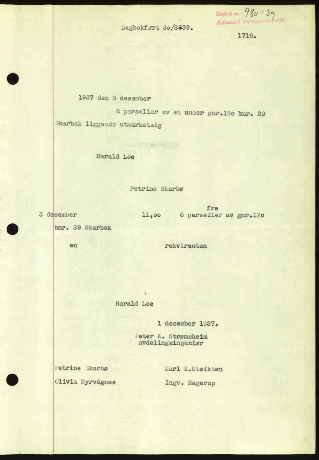 Ålesund byfogd, AV/SAT-A-4384: Mortgage book no. 34 II, 1938-1940, Diary no: : 980/1939