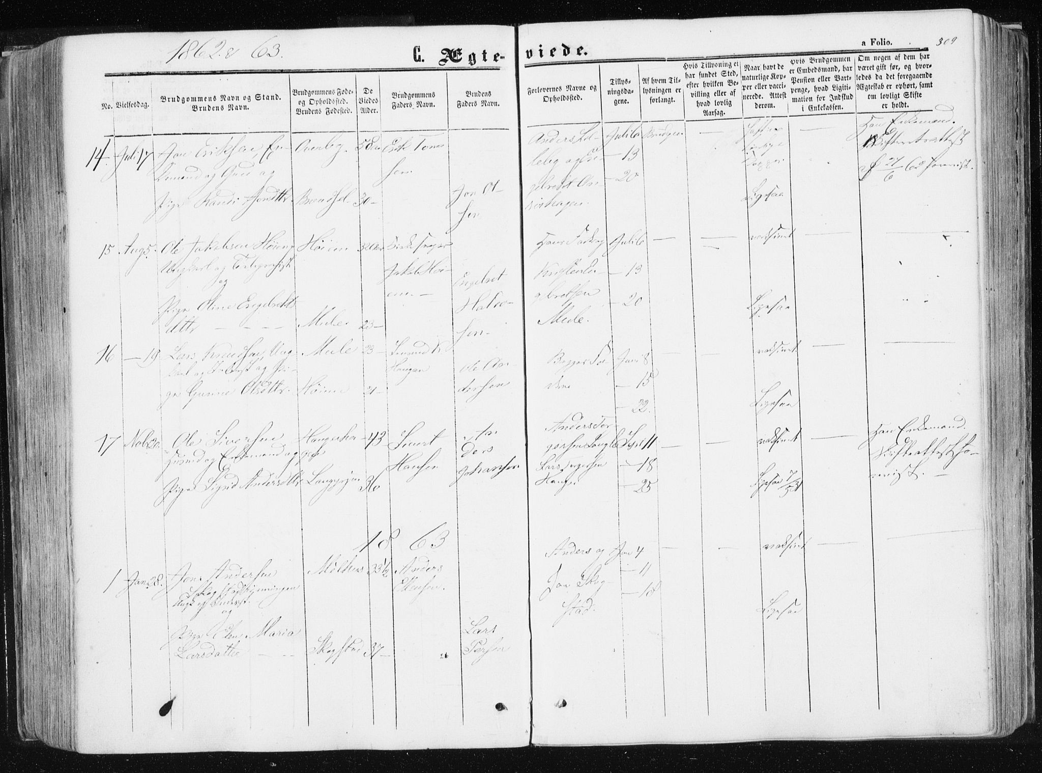 Ministerialprotokoller, klokkerbøker og fødselsregistre - Sør-Trøndelag, SAT/A-1456/612/L0377: Parish register (official) no. 612A09, 1859-1877, p. 309