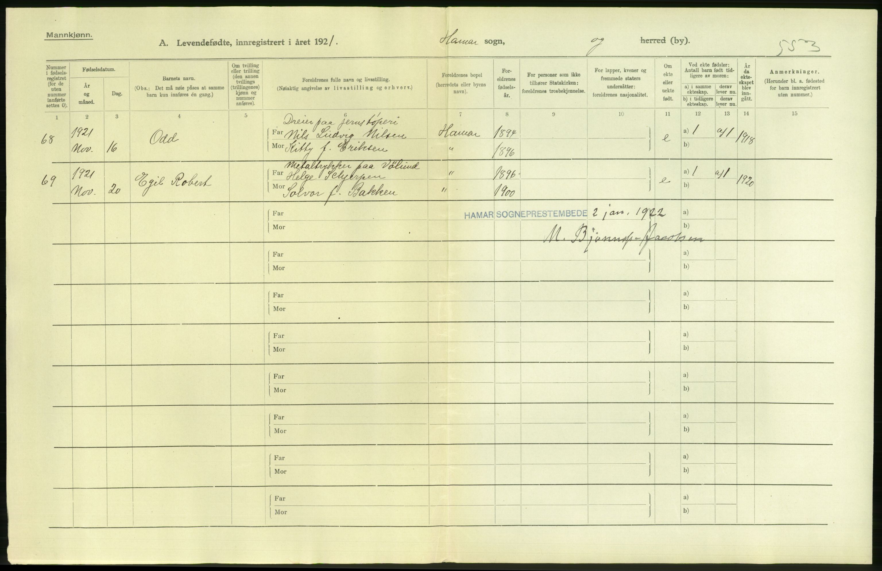 Statistisk sentralbyrå, Sosiodemografiske emner, Befolkning, AV/RA-S-2228/D/Df/Dfc/Dfca/L0015: Hedemark fylke: Levendefødte menn og kvinner. Byer, 1921, p. 4