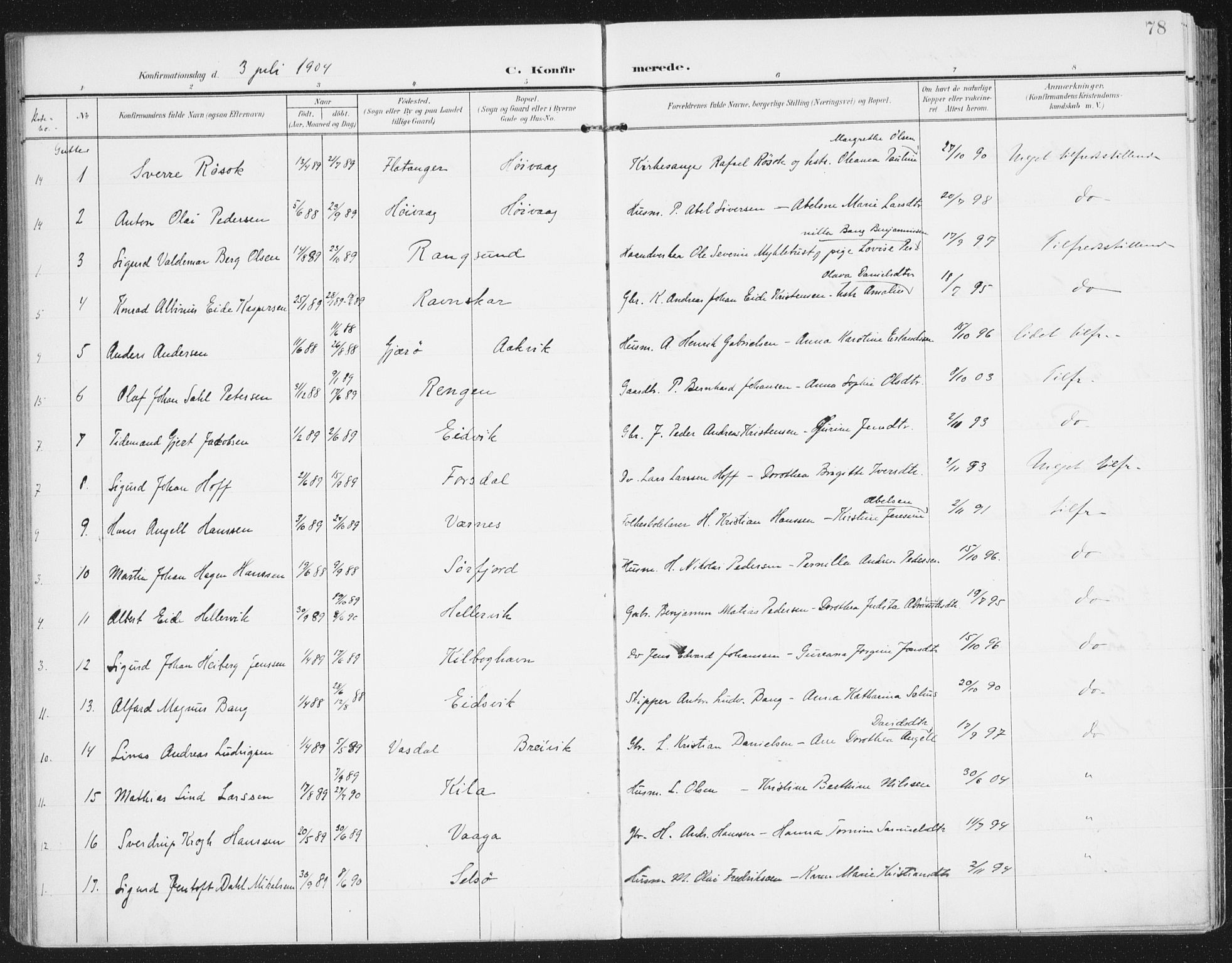 Ministerialprotokoller, klokkerbøker og fødselsregistre - Nordland, AV/SAT-A-1459/841/L0612: Parish register (official) no. 841A15, 1902-1910, p. 78