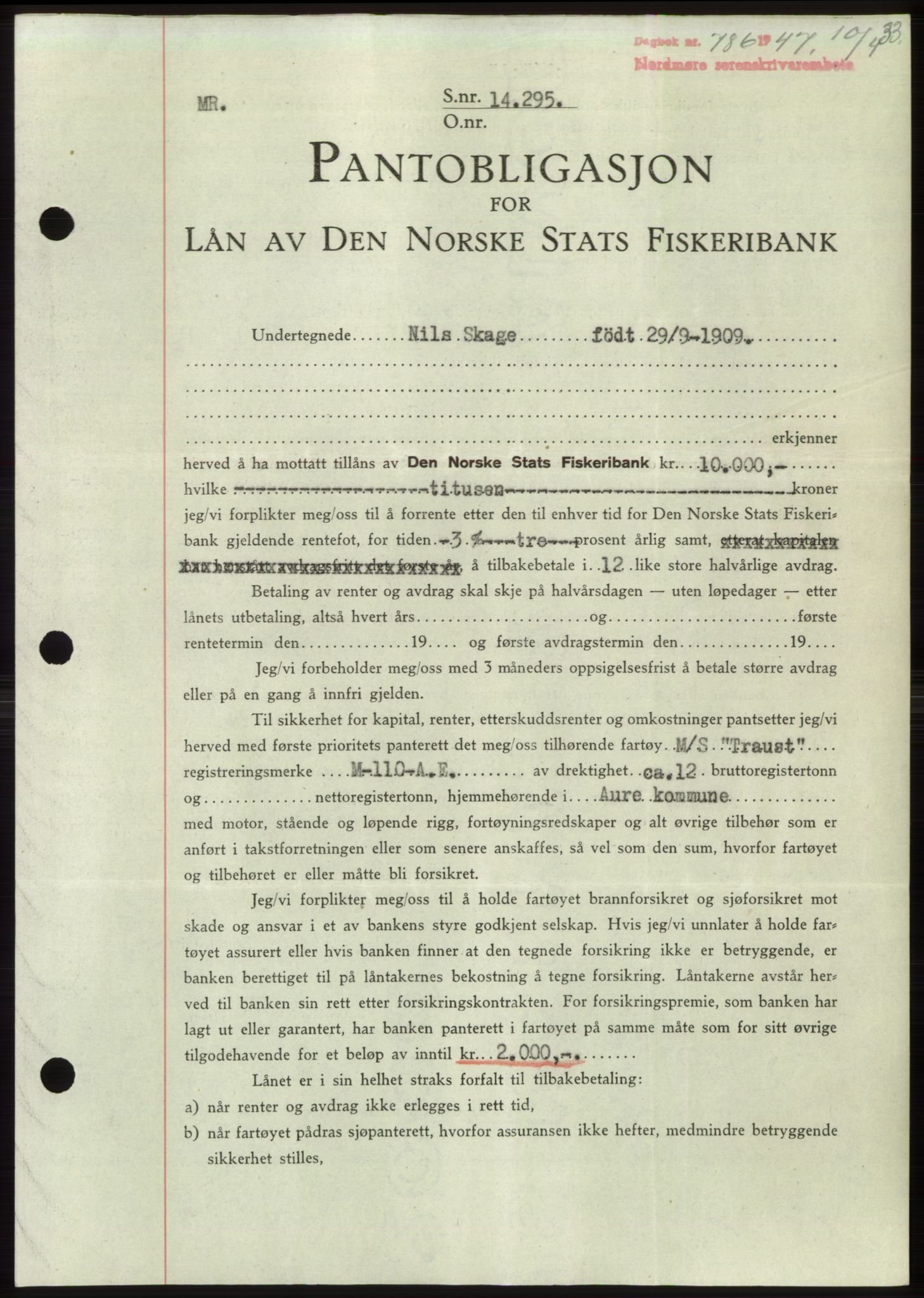 Nordmøre sorenskriveri, AV/SAT-A-4132/1/2/2Ca: Mortgage book no. B96, 1947-1947, Diary no: : 786/1947