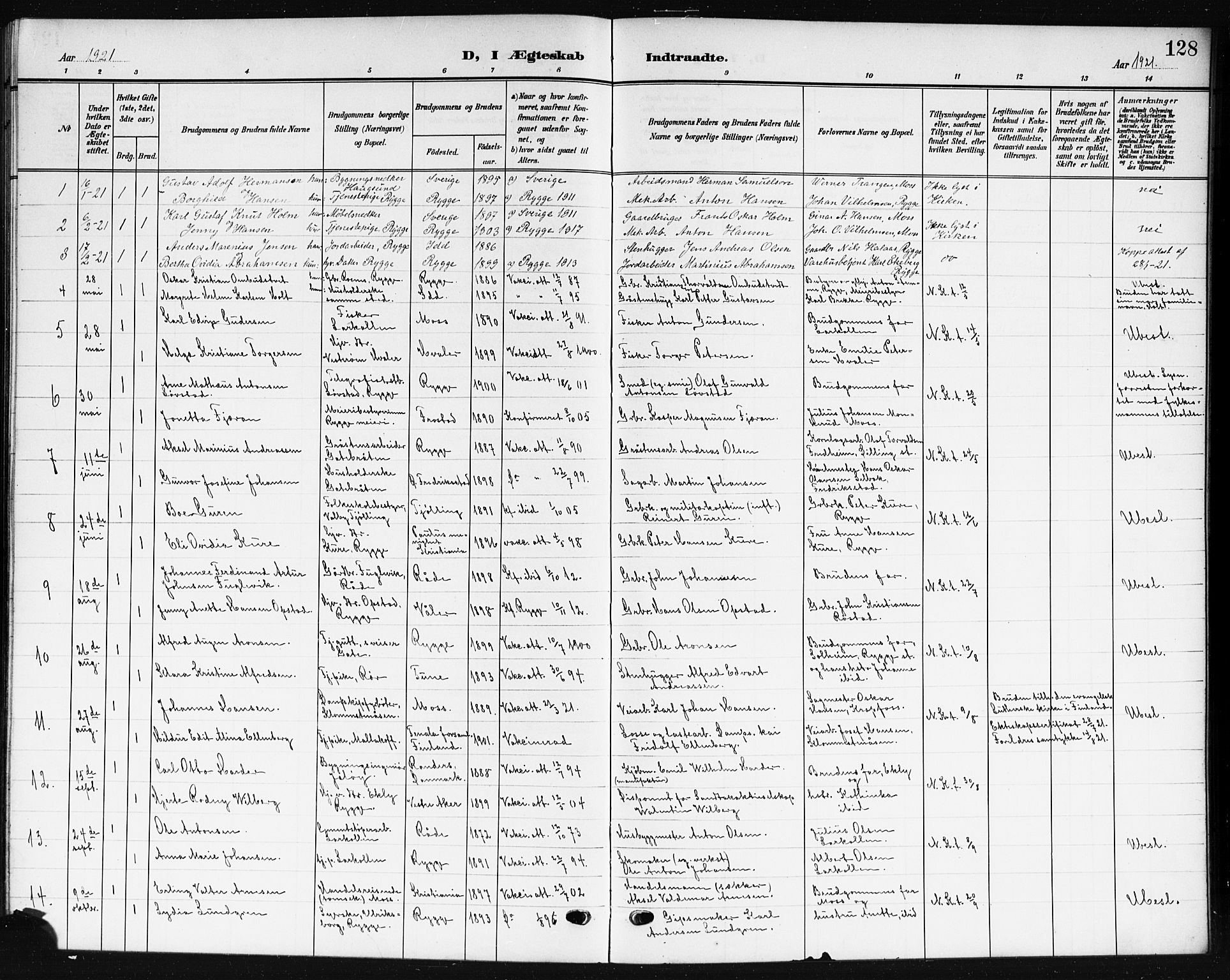 Rygge prestekontor Kirkebøker, AV/SAO-A-10084b/G/Ga/L0003: Parish register (copy) no. 3, 1906-1921, p. 128