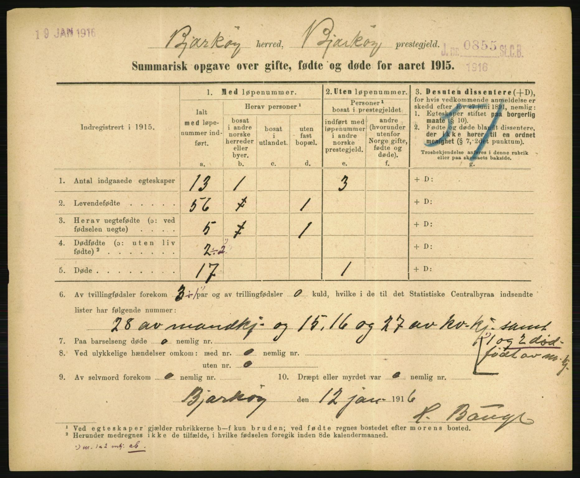 Statistisk sentralbyrå, Sosiodemografiske emner, Befolkning, RA/S-2228/D/Df/Dfb/Dfbe/L0055: Summariske oppgaver over gifte, fødte og døde for hele landet., 1915, p. 1533