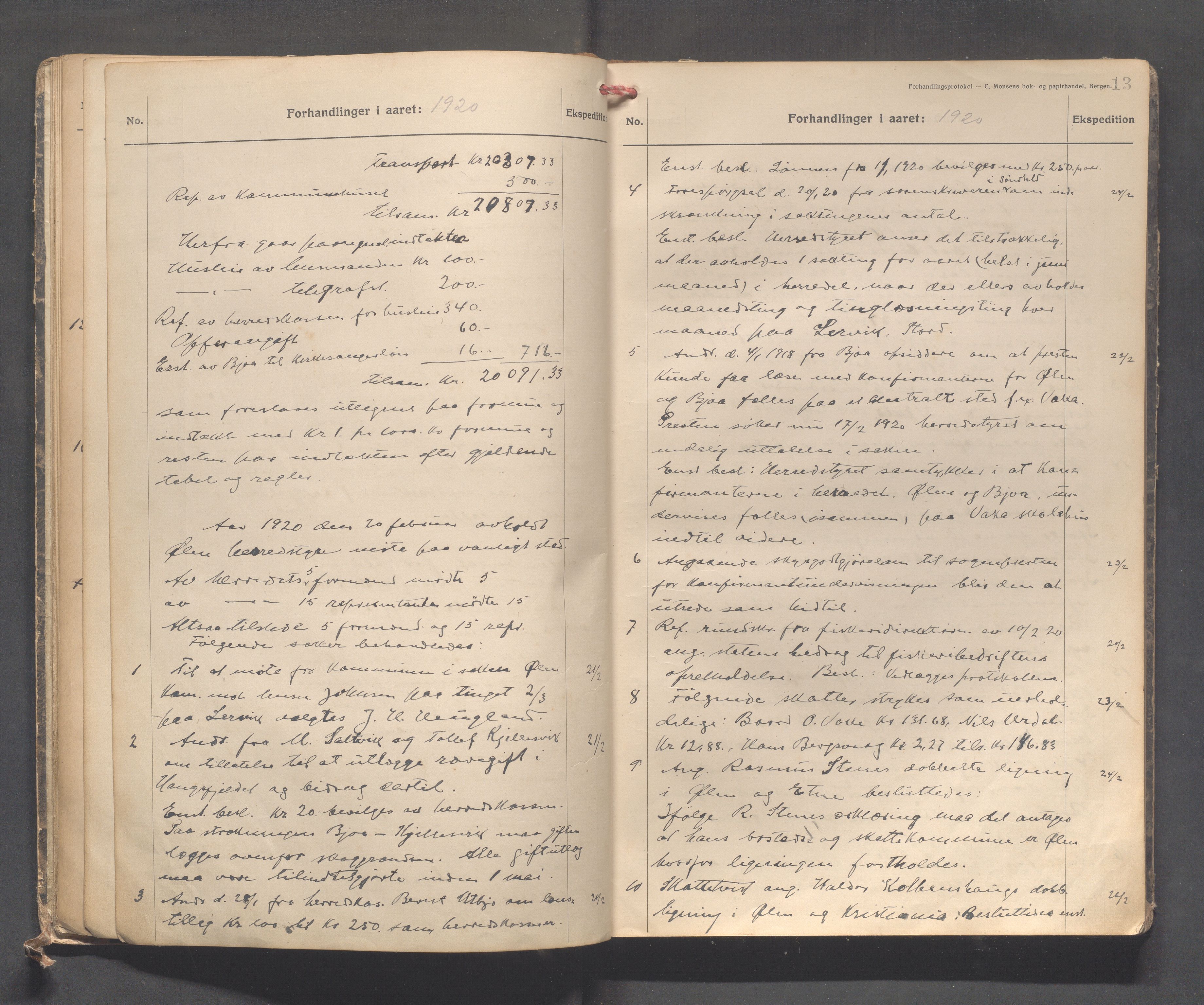 Ølen kommune - Formannskapet/Sentraladministrasjonen, IKAR/K-101034/A/Aa/L0002: Møtebok for Ølen formannskap og heradstyre, 1919-1923, p. 13