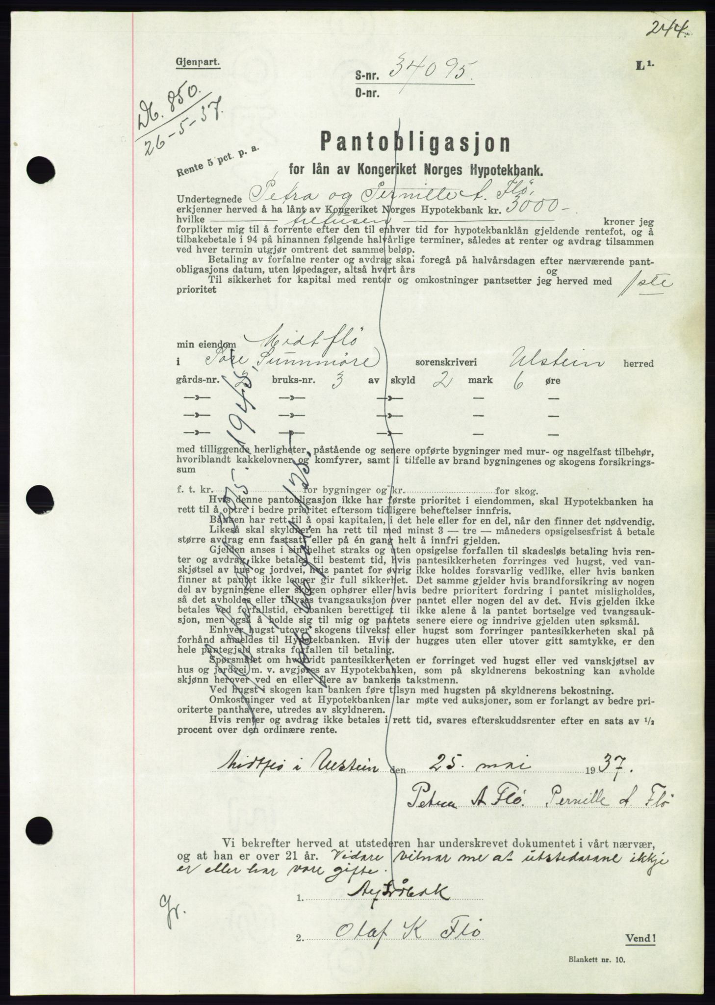 Søre Sunnmøre sorenskriveri, AV/SAT-A-4122/1/2/2C/L0063: Mortgage book no. 57, 1937-1937, Diary no: : 850/1937