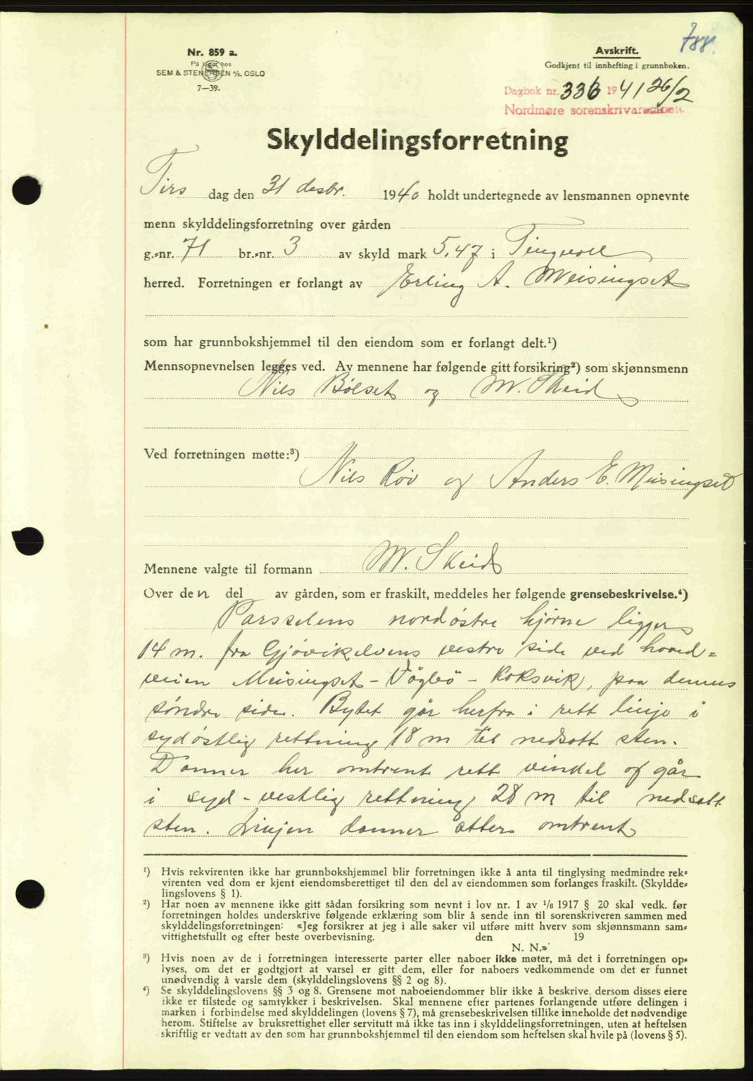 Nordmøre sorenskriveri, SAT/A-4132/1/2/2Ca: Mortgage book no. A89, 1940-1941, Diary no: : 336/1941