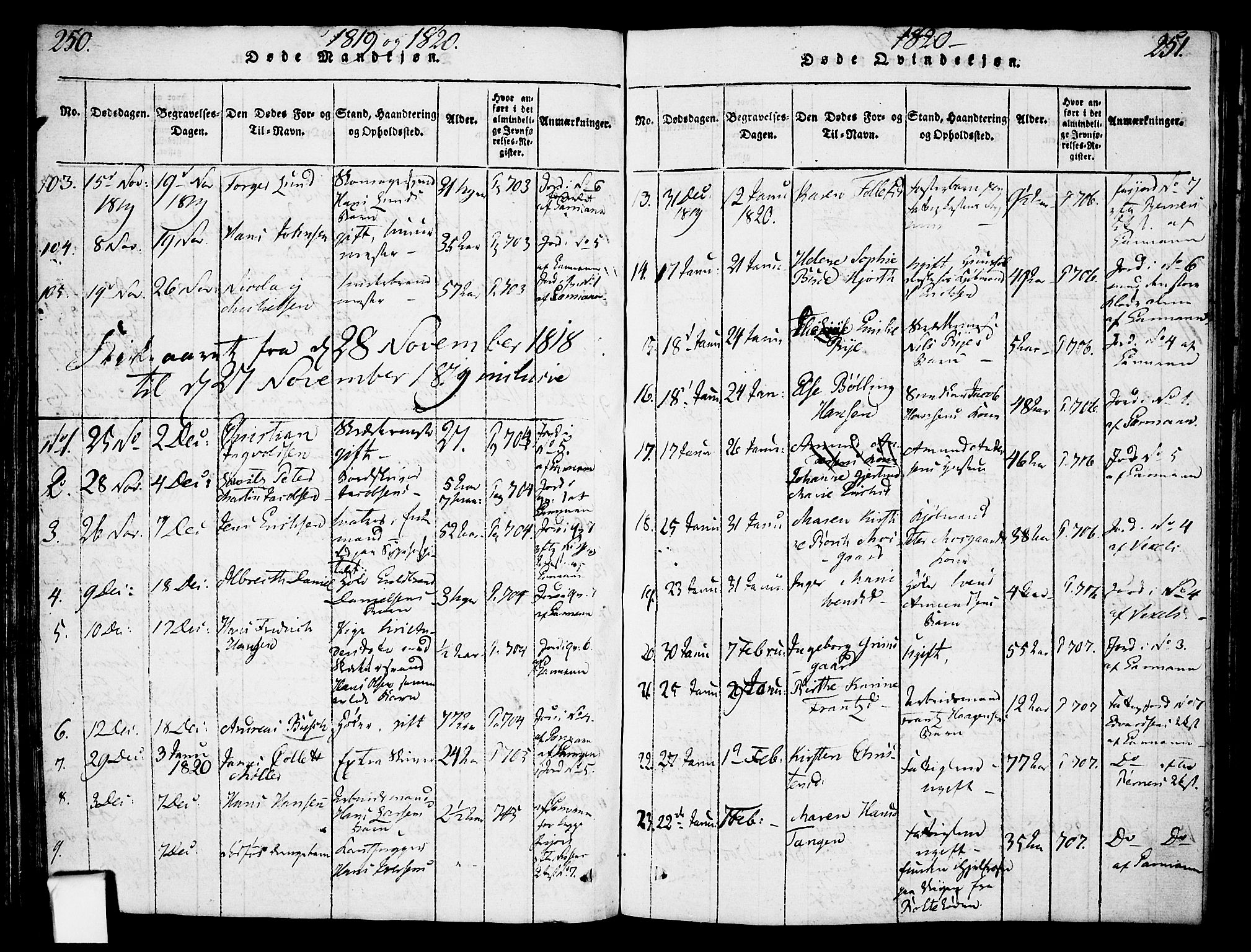 Oslo domkirke Kirkebøker, SAO/A-10752/F/Fa/L0007: Parish register (official) no. 7, 1817-1824, p. 250-251