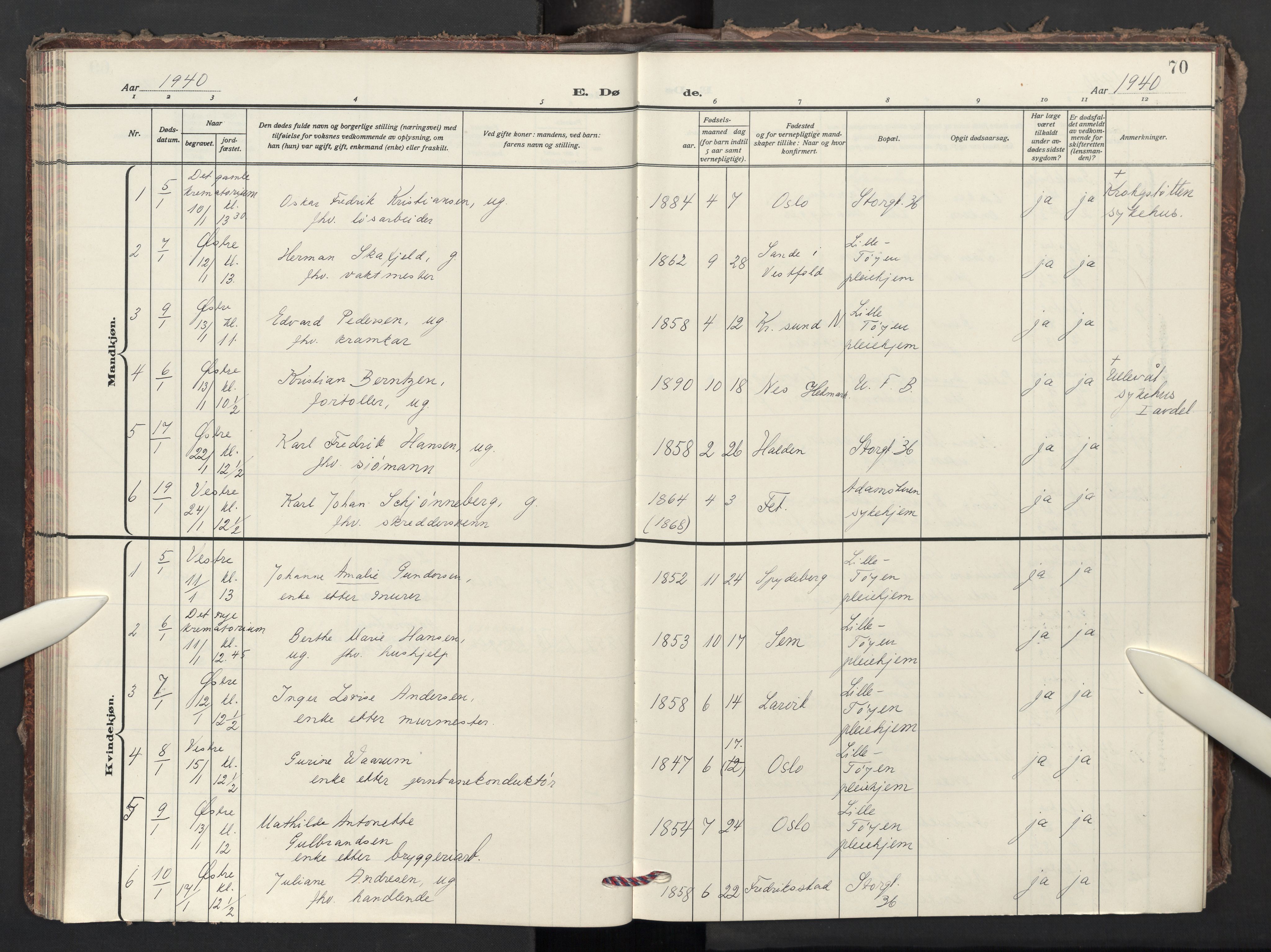 Krohgstøtten sykehusprest Kirkebøker, AV/SAO-A-10854/F/Fa/L0006: Parish register (official) no. 6, 1935-1951, p. 70