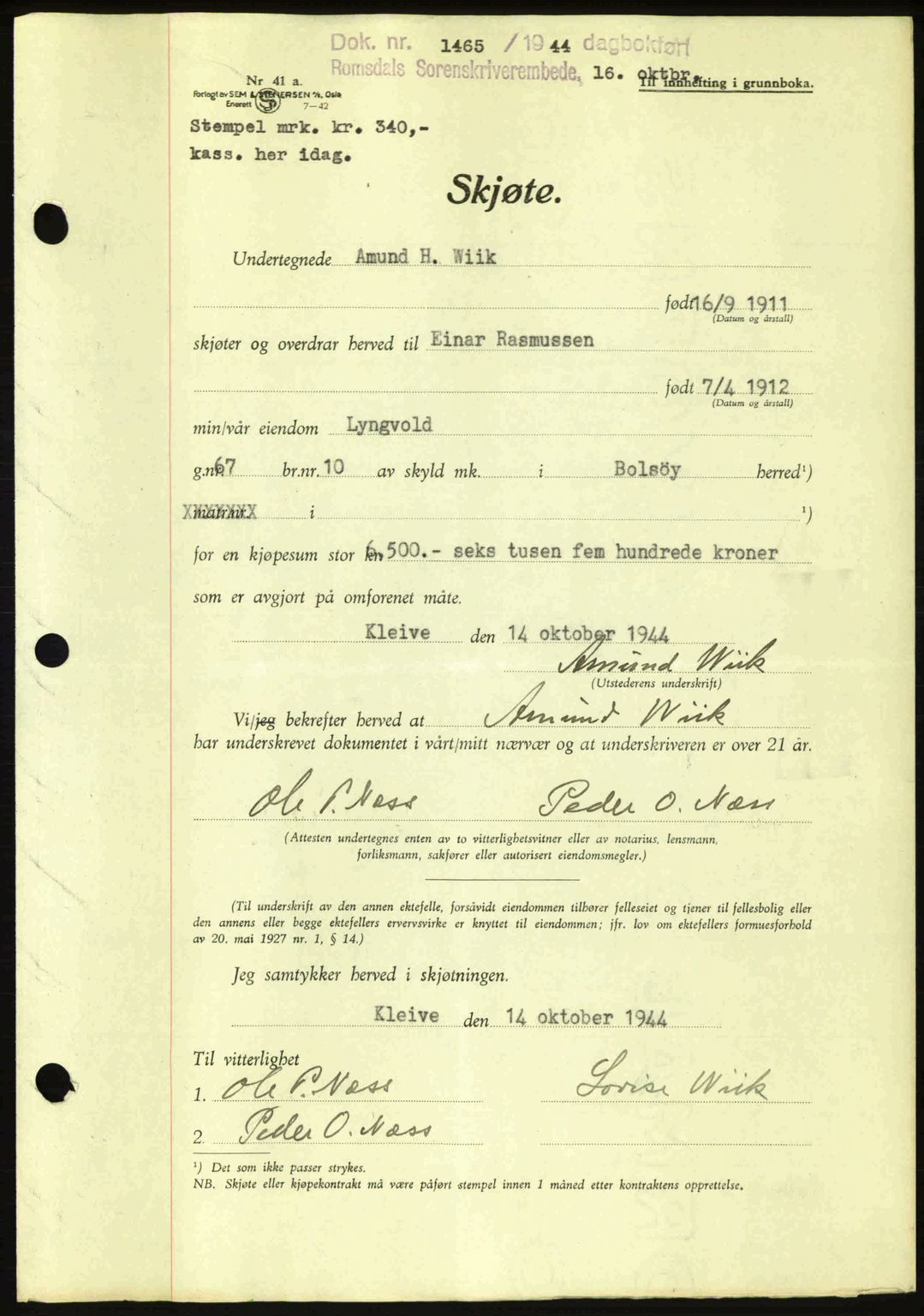 Romsdal sorenskriveri, AV/SAT-A-4149/1/2/2C: Mortgage book no. A17, 1944-1945, Diary no: : 1465/1944