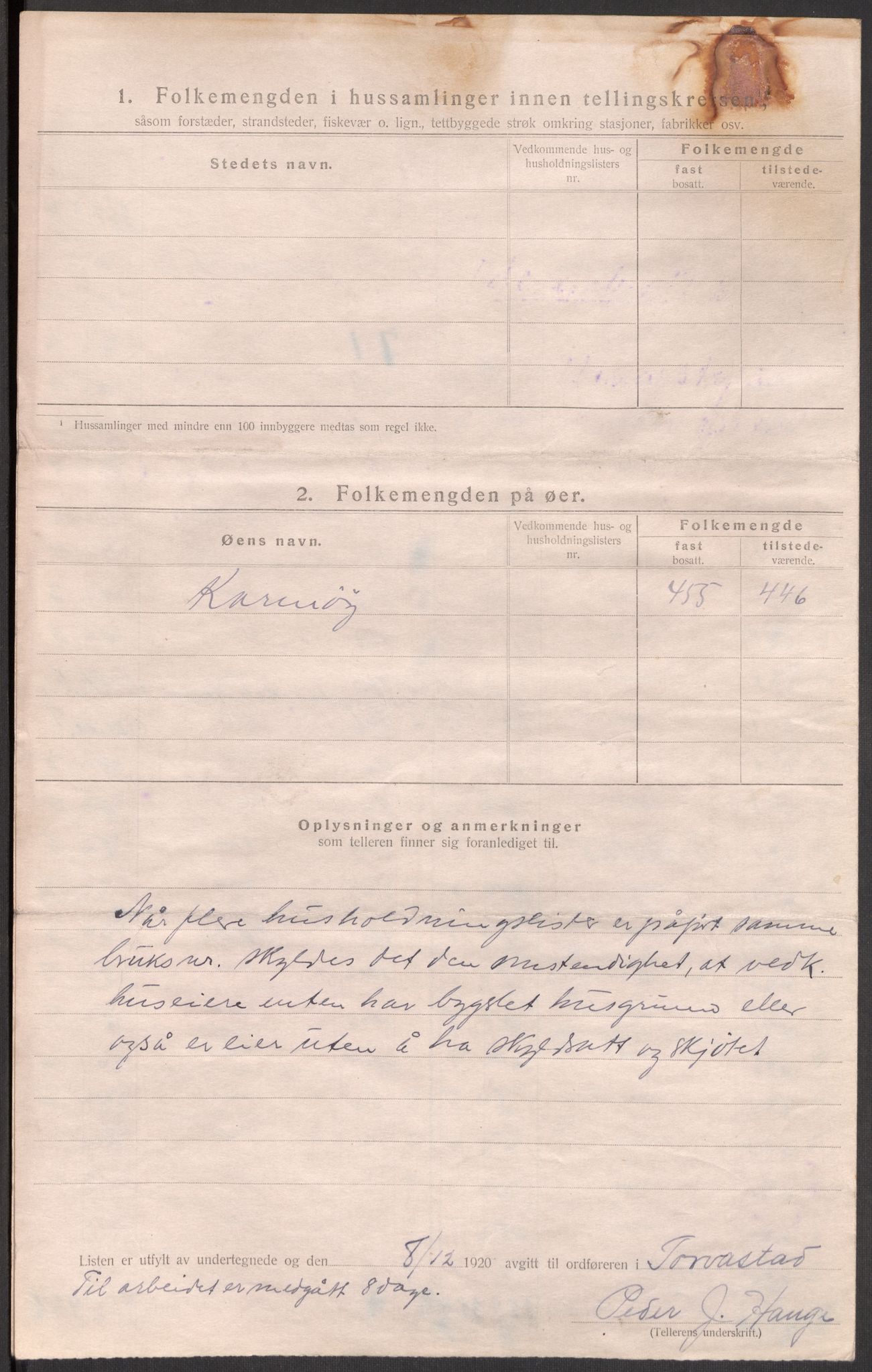 SAST, 1920 census for Torvastad, 1920, p. 11