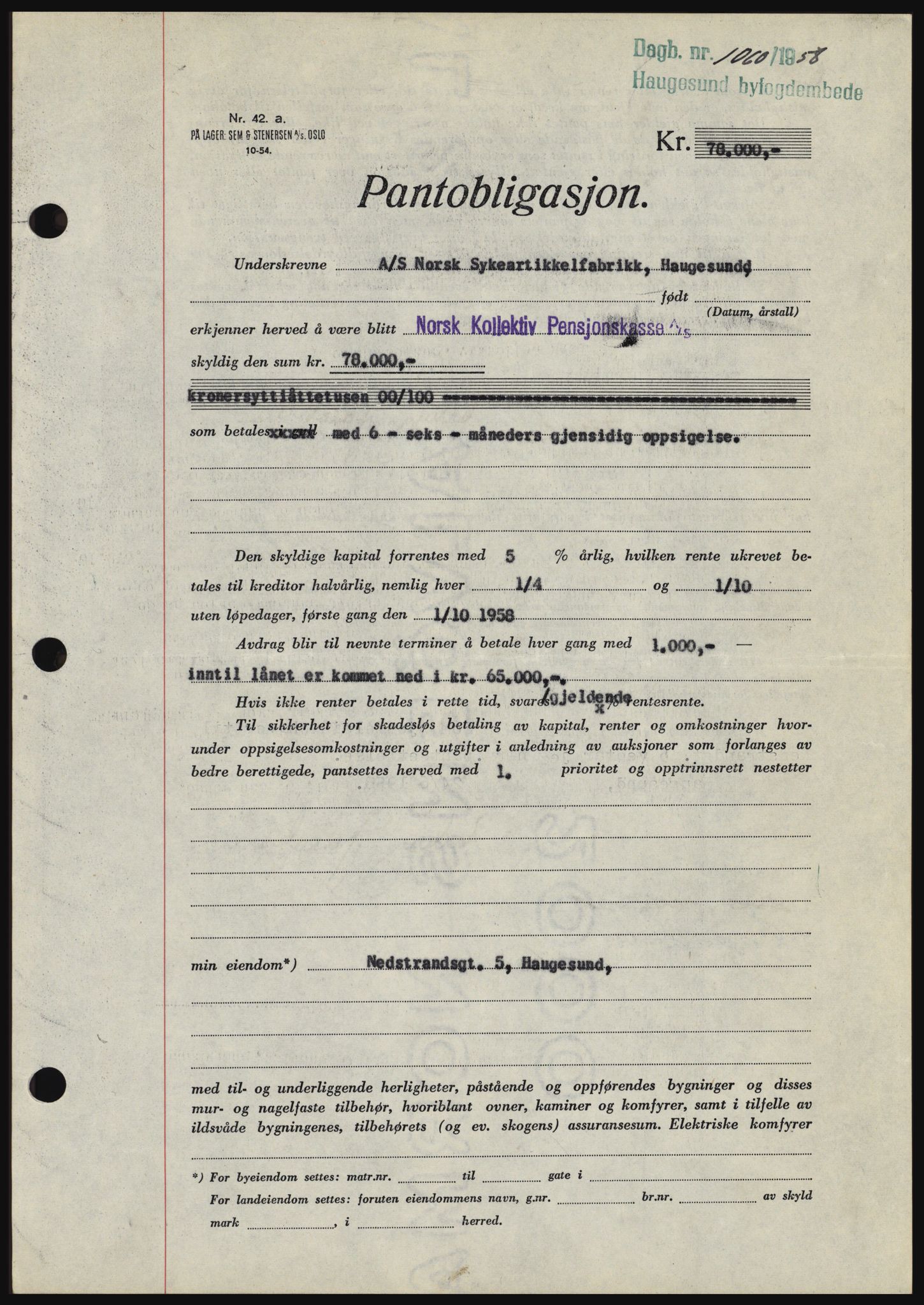 Haugesund tingrett, SAST/A-101415/01/II/IIC/L0044: Mortgage book no. B 44, 1958-1959, Diary no: : 1060/1958