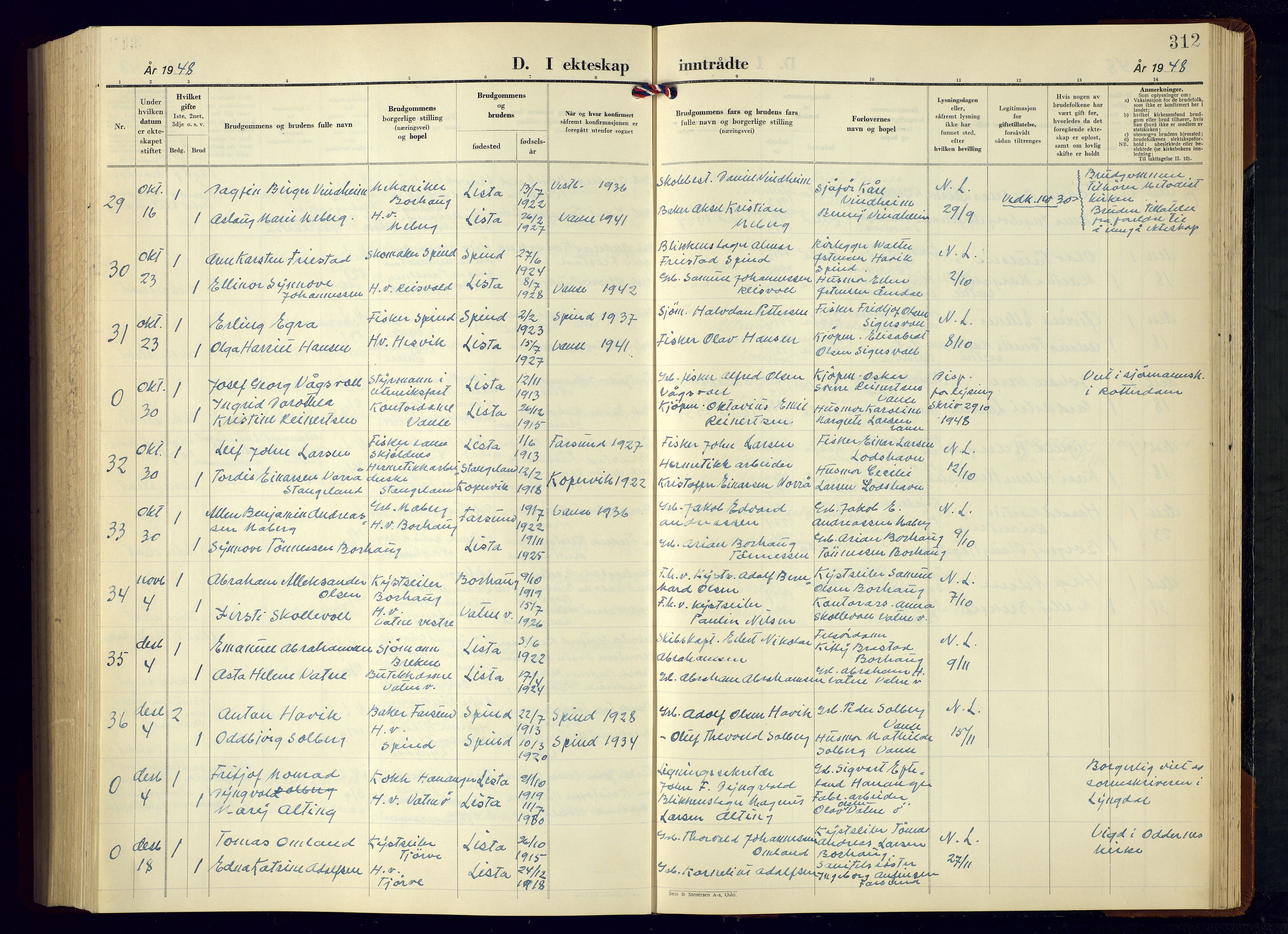 Lista sokneprestkontor, AV/SAK-1111-0027/F/Fb/L0007: Parish register (copy) no. B 7, 1943-1970, p. 312