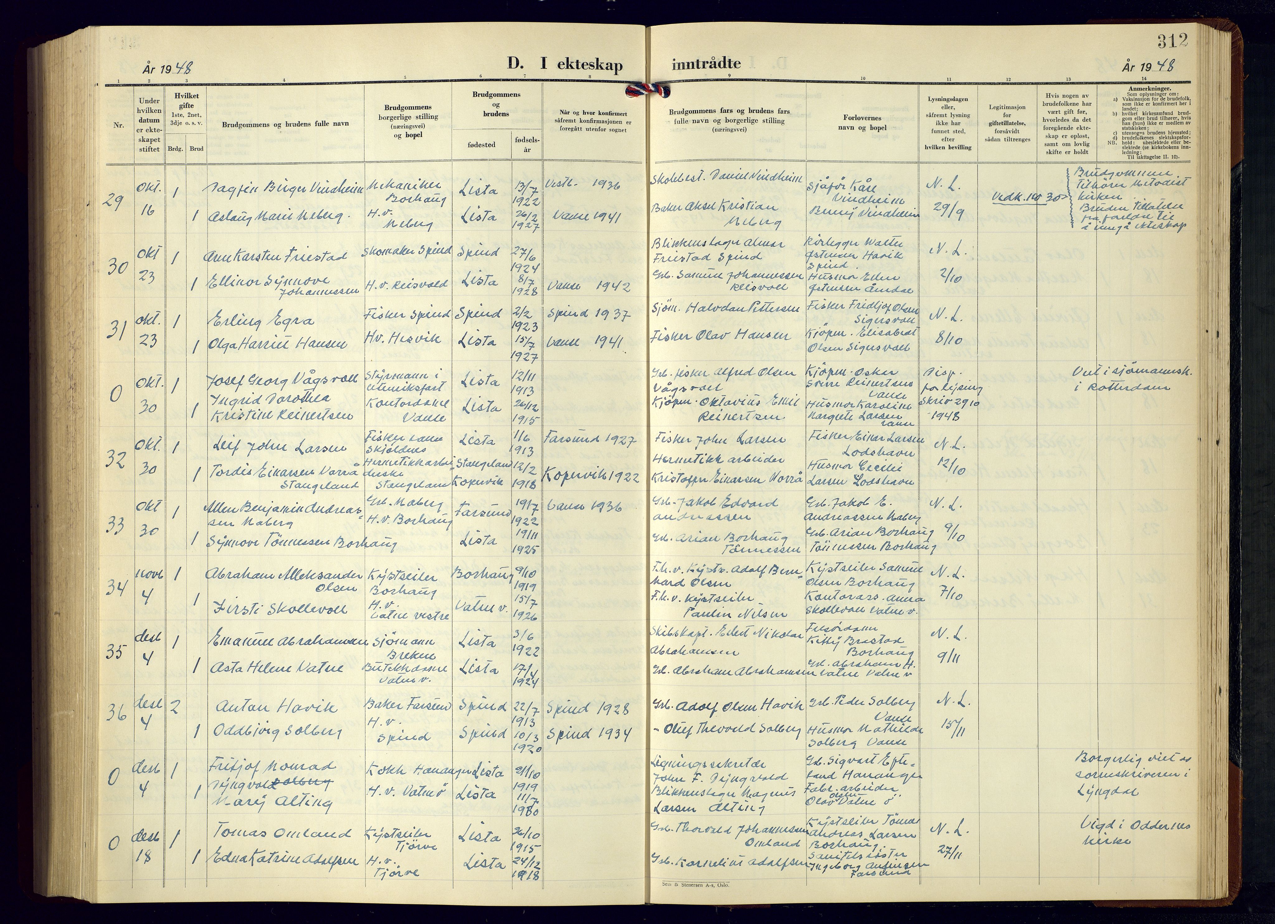 Lista sokneprestkontor, SAK/1111-0027/F/Fb/L0007: Parish register (copy) no. B 7, 1943-1970, p. 312