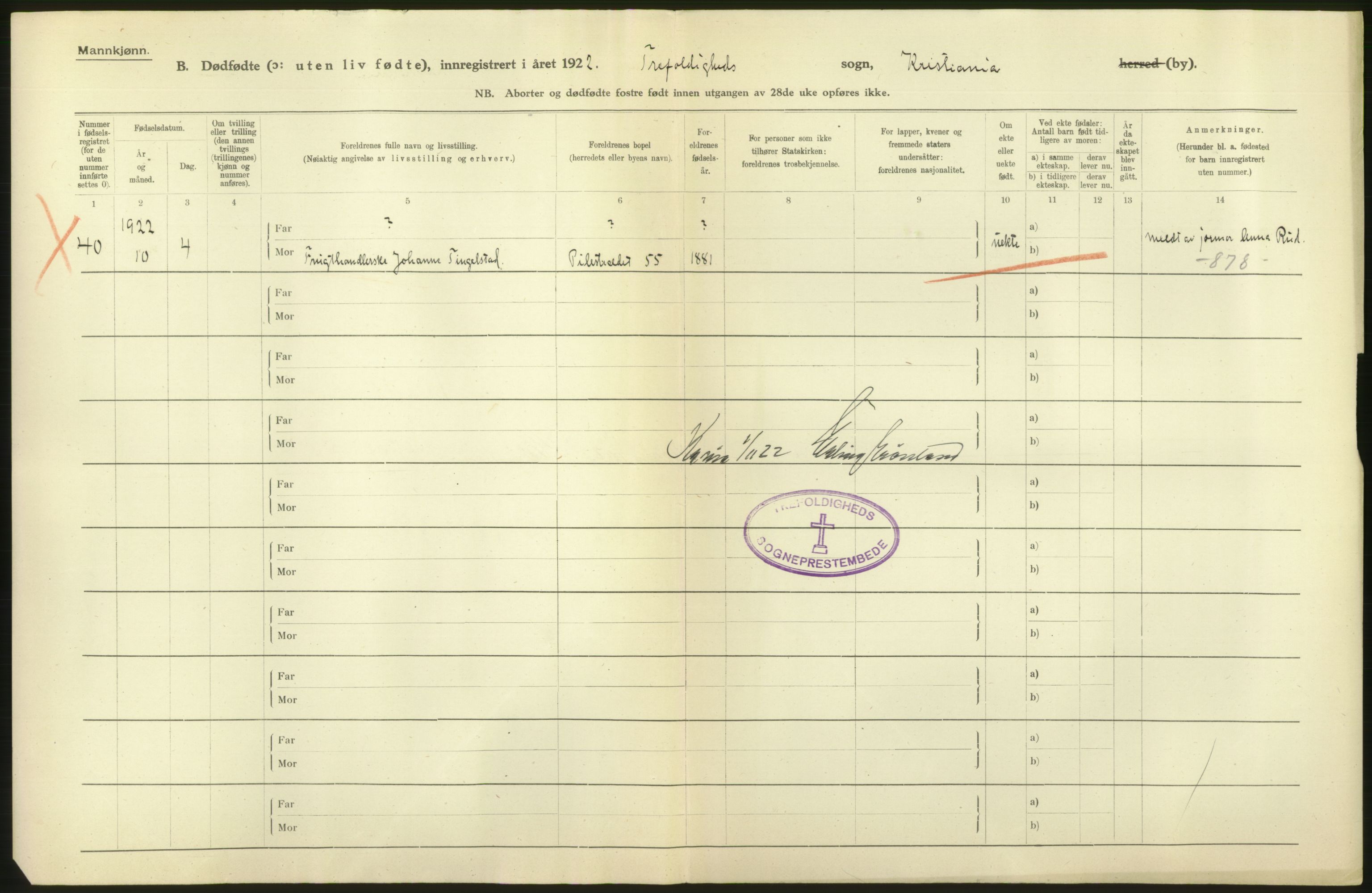 Statistisk sentralbyrå, Sosiodemografiske emner, Befolkning, AV/RA-S-2228/D/Df/Dfc/Dfcb/L0010: Kristiania: Døde, dødfødte, 1922, p. 4
