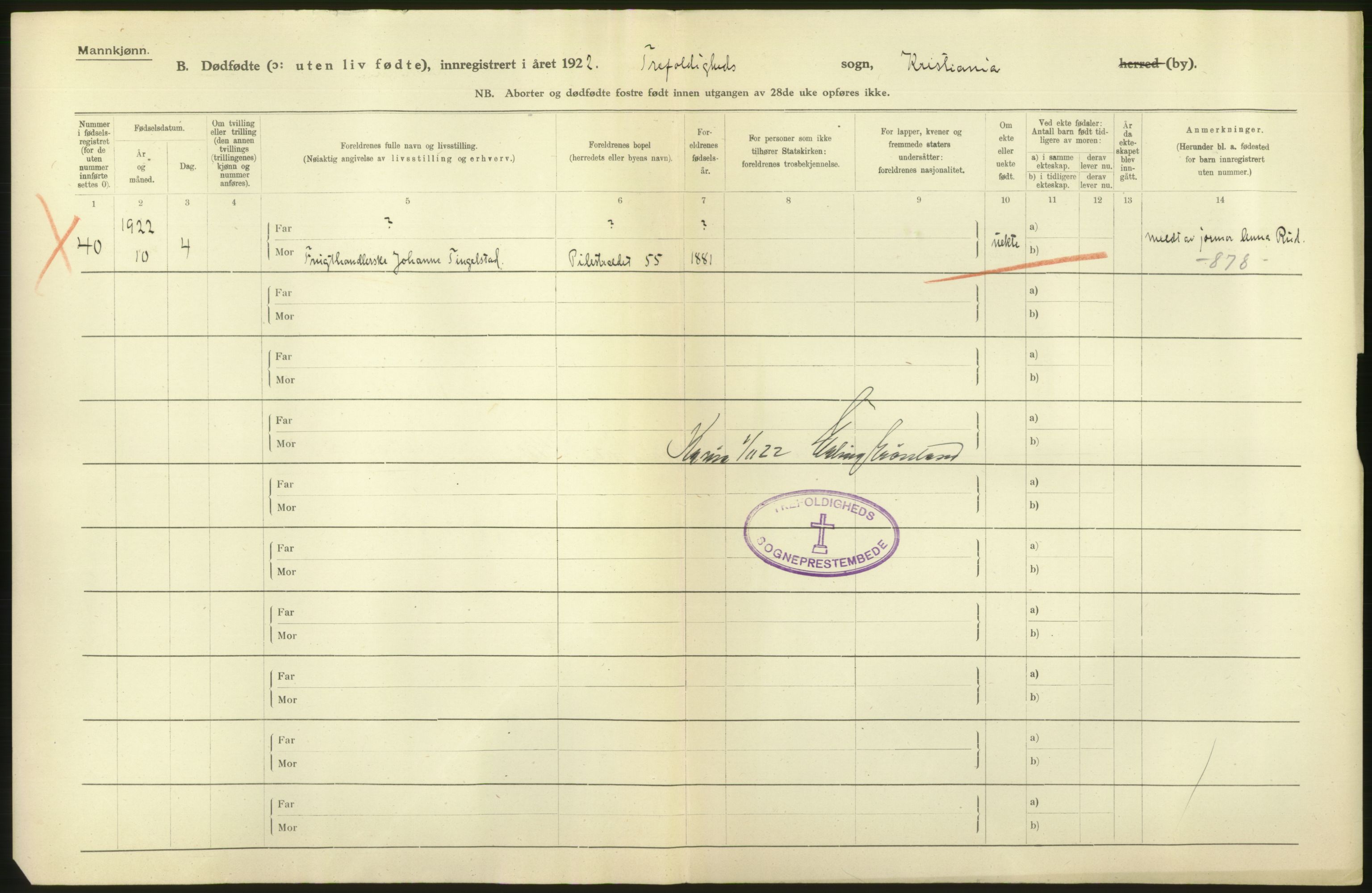 Statistisk sentralbyrå, Sosiodemografiske emner, Befolkning, RA/S-2228/D/Df/Dfc/Dfcb/L0010: Kristiania: Døde, dødfødte, 1922, p. 4