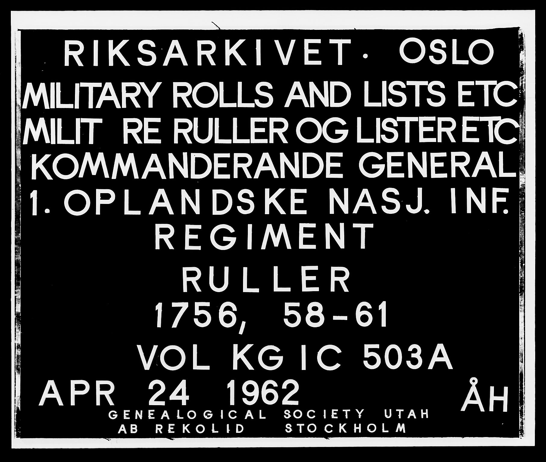 Kommanderende general (KG I) med Det norske krigsdirektorium, AV/RA-EA-5419/E/Ea/L0503: 1. Opplandske regiment, 1756-1761, p. 1