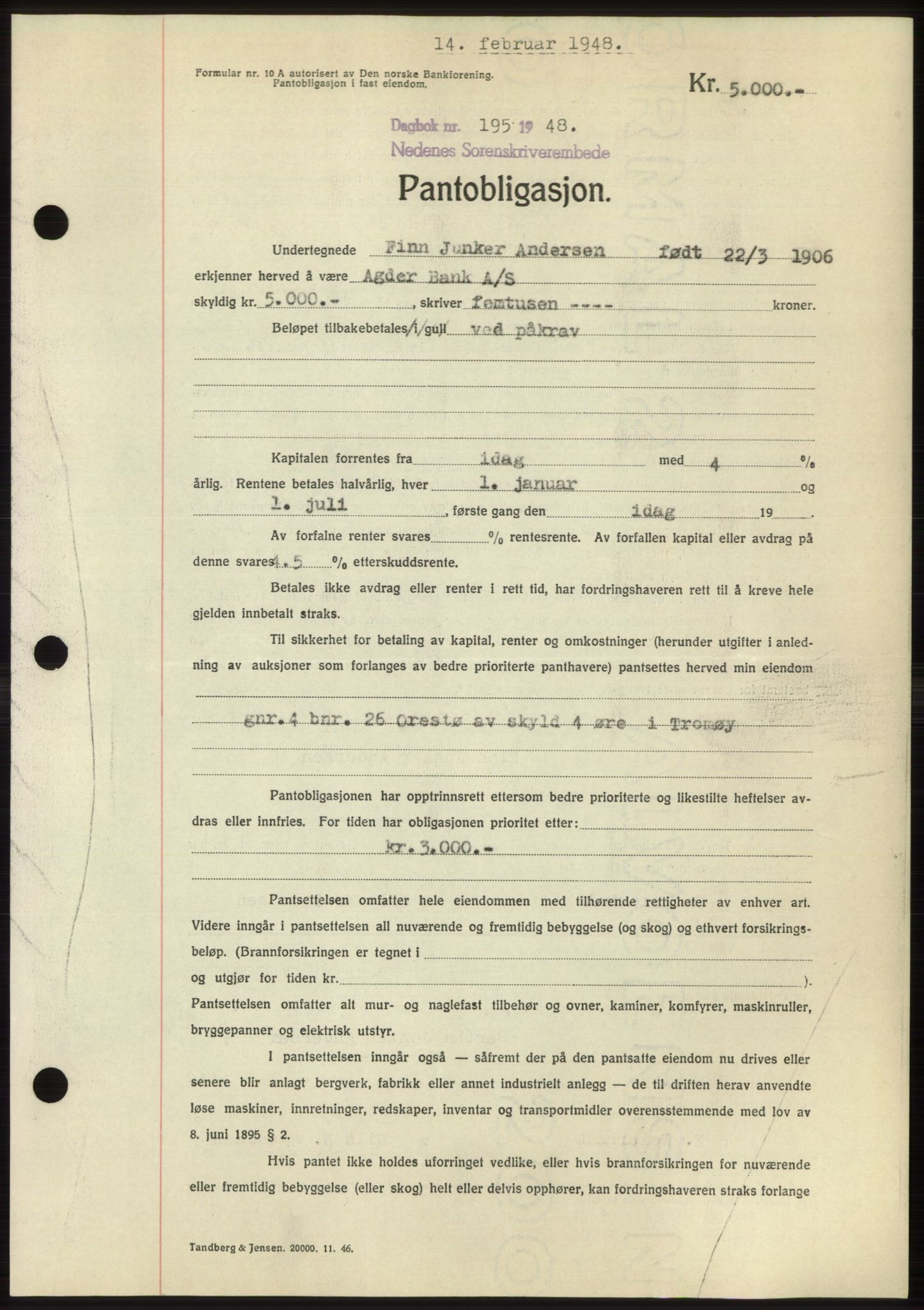 Nedenes sorenskriveri, AV/SAK-1221-0006/G/Gb/Gbb/L0005: Mortgage book no. B5, 1948-1948, Diary no: : 195/1948