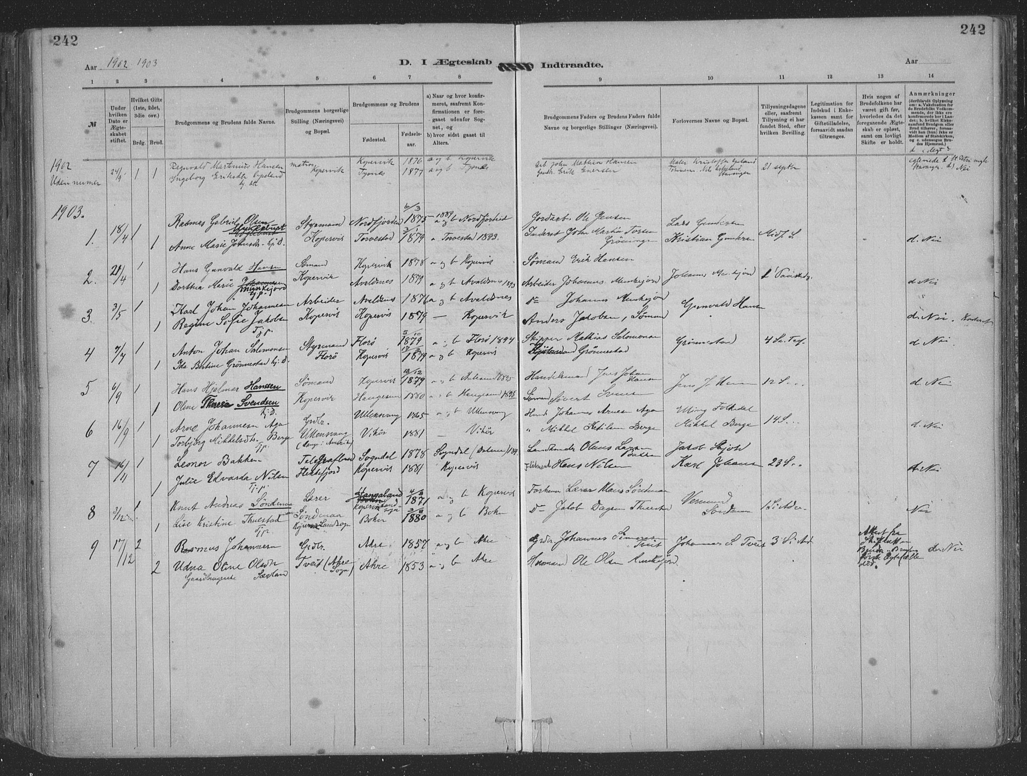 Kopervik sokneprestkontor, AV/SAST-A-101850/H/Ha/Haa/L0001: Parish register (official) no. A 1, 1880-1919, p. 242