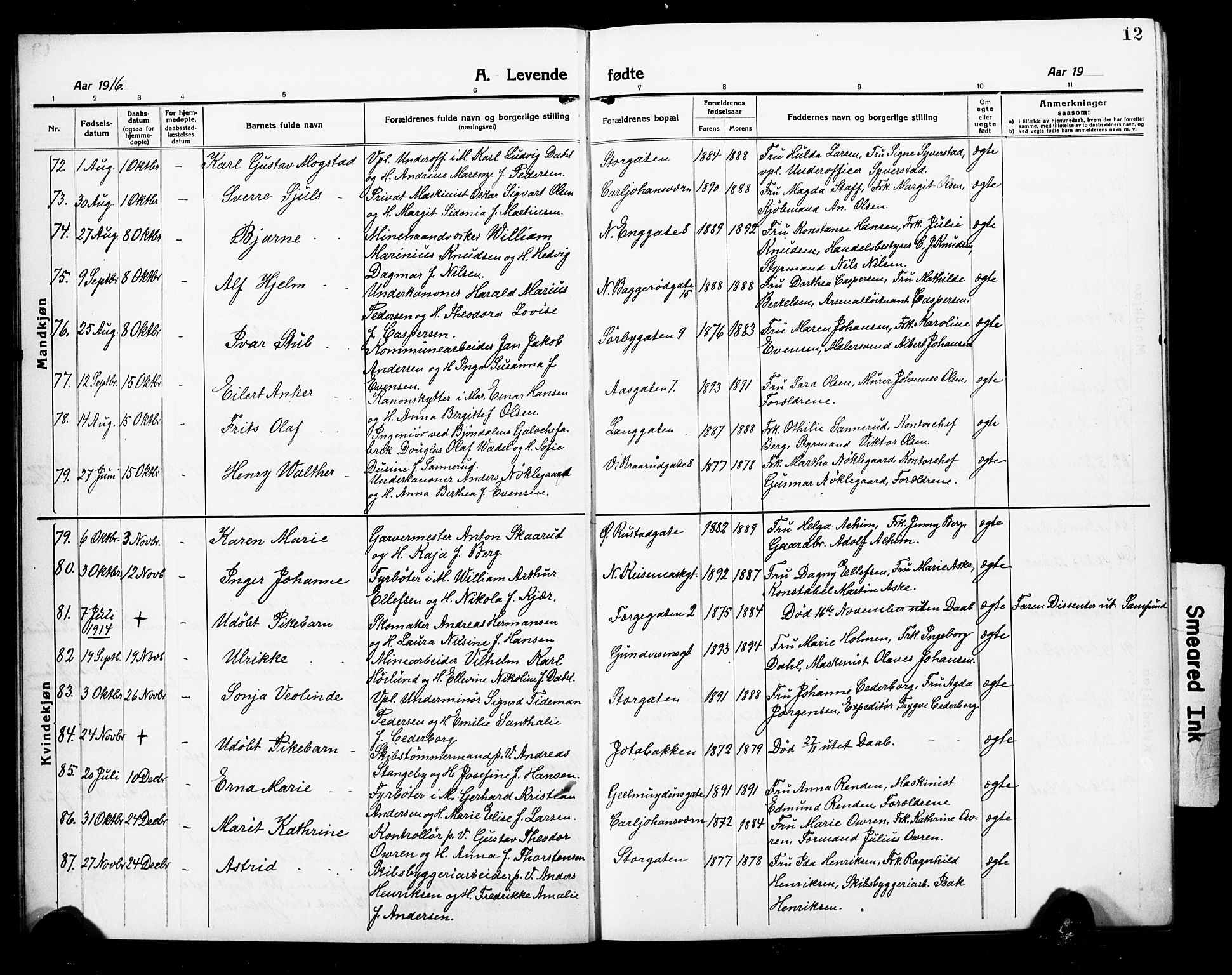 Horten kirkebøker, AV/SAKO-A-348/G/Ga/L0008: Parish register (copy) no. 8, 1916-1926, p. 12