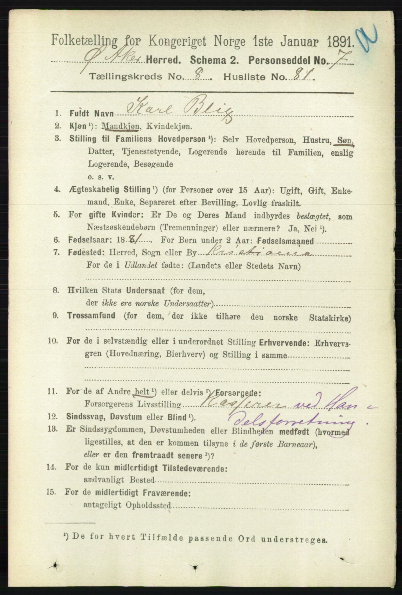 RA, 1891 census for 0218 Aker, 1891, p. 7923