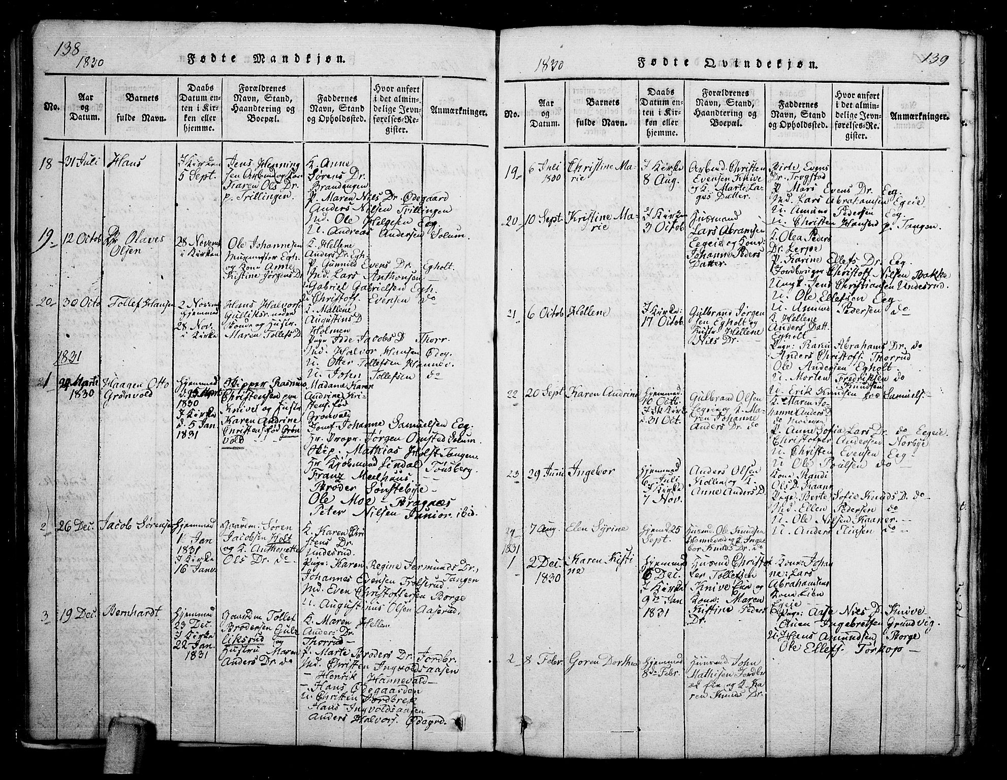 Skoger kirkebøker, SAKO/A-59/G/Ga/L0001: Parish register (copy) no. I 1, 1814-1845, p. 138-139