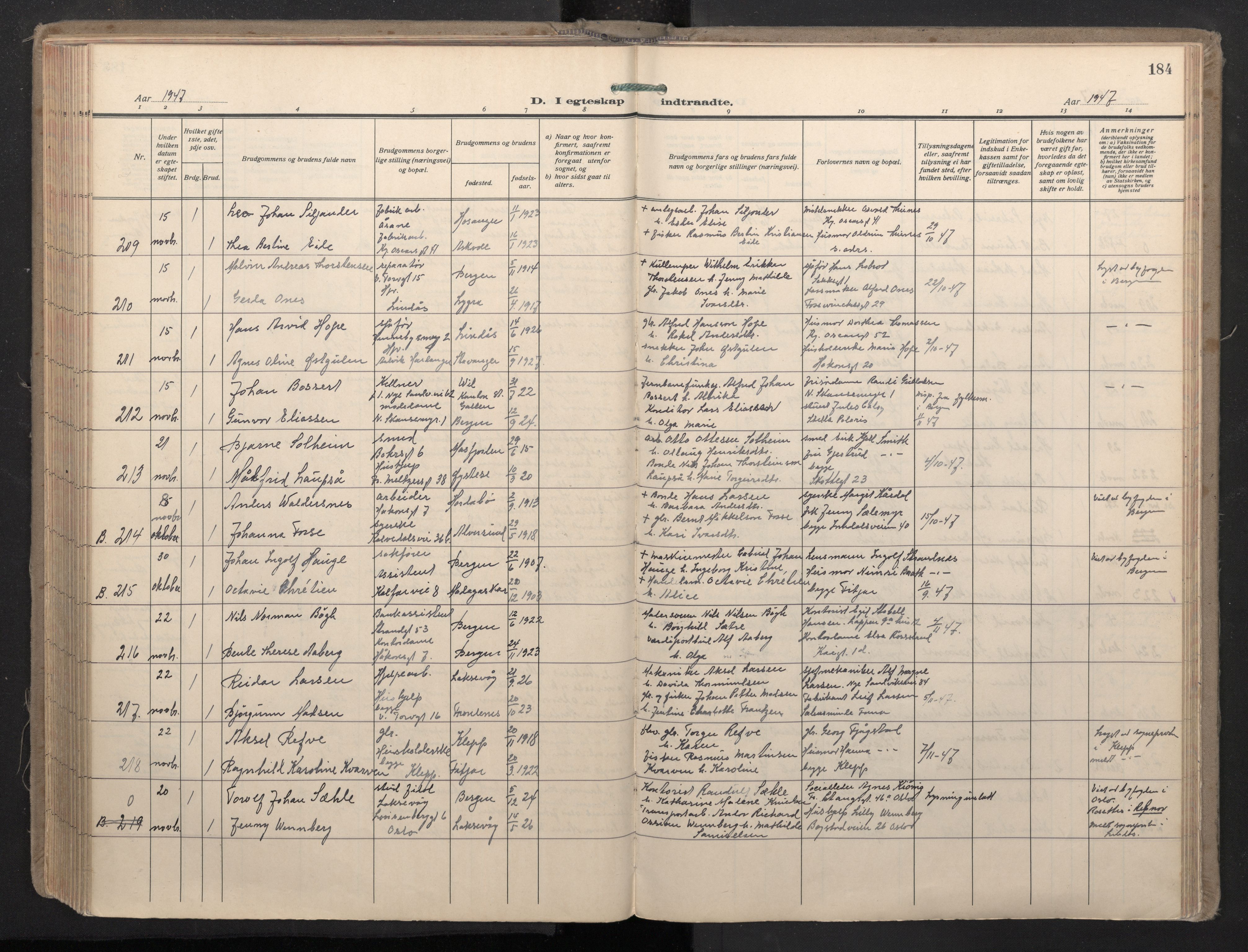 Domkirken sokneprestembete, AV/SAB-A-74801/H/Haa: Parish register (official) no. D 7, 1937-1950, p. 183b-184a