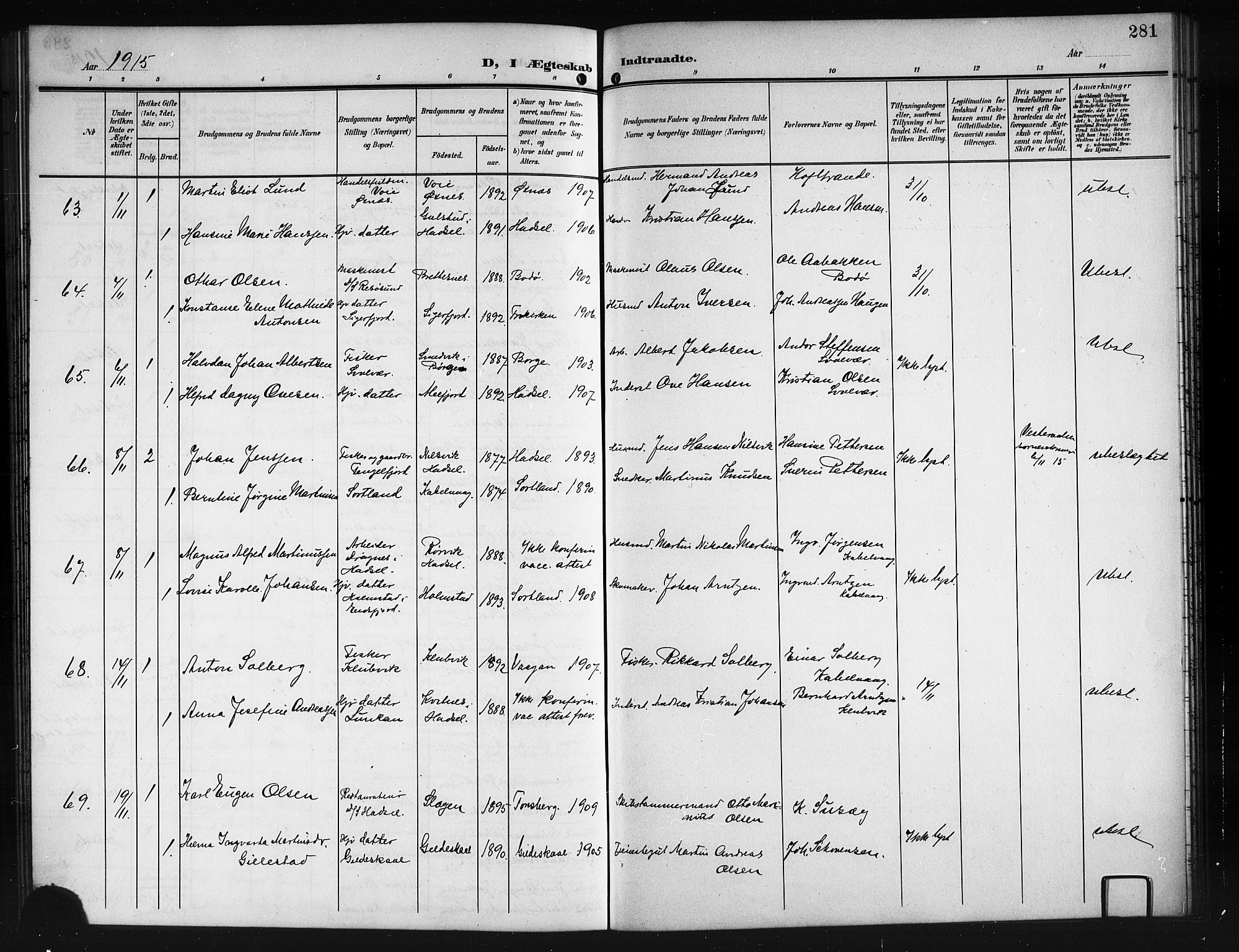 Ministerialprotokoller, klokkerbøker og fødselsregistre - Nordland, SAT/A-1459/874/L1079: Parish register (copy) no. 874C08, 1907-1915, p. 281